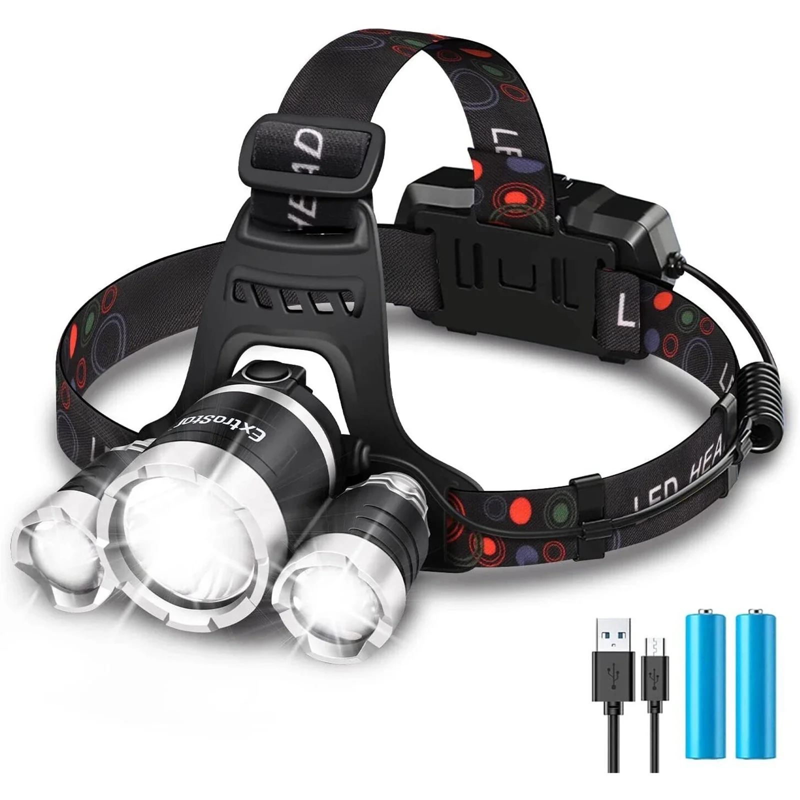 Linterna frontal led 90 graus de cabeza com 4 modos t6/r5 3 peças recargable