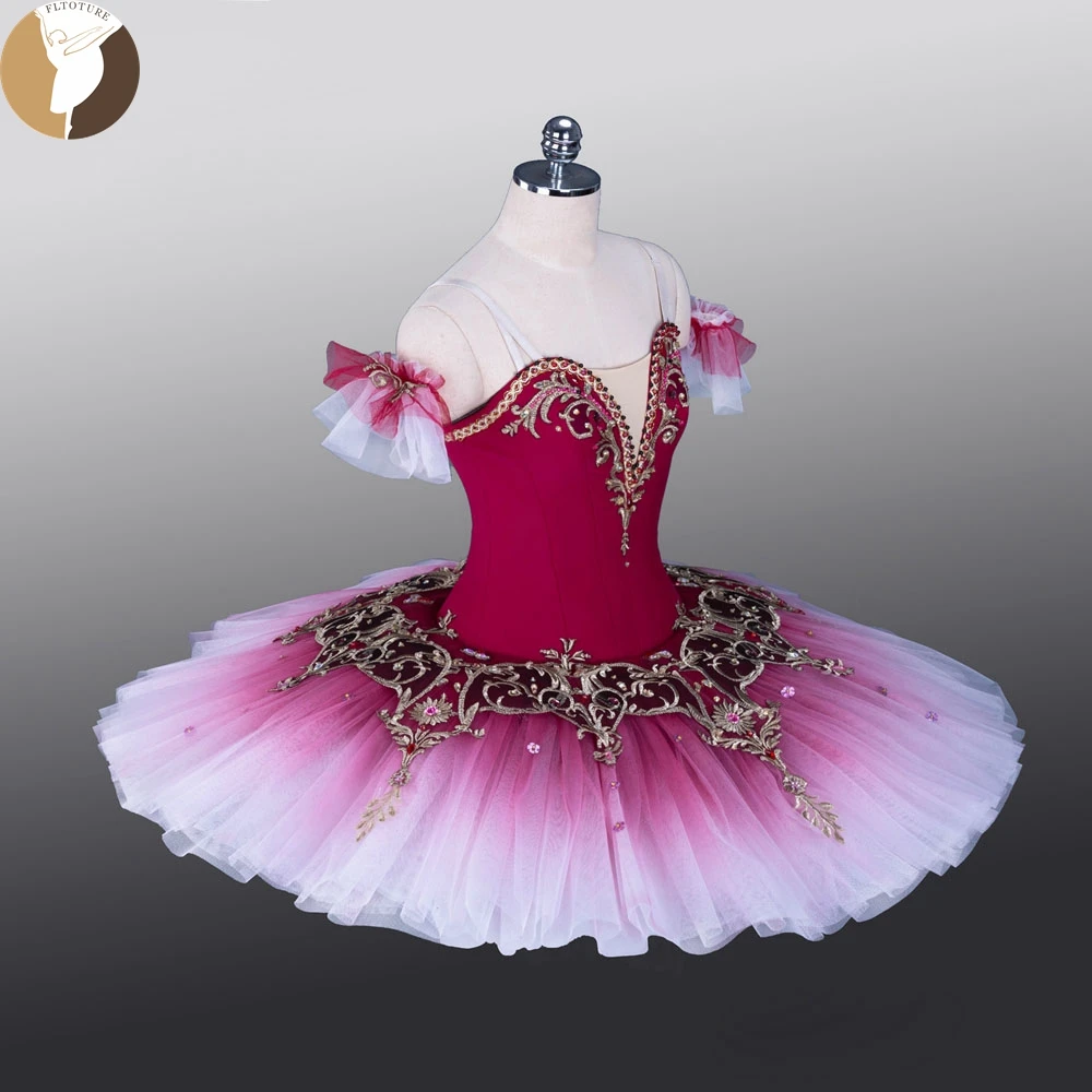 FLTOTURE Adult Deep Cherry Ballet Professional Pancake Tutu Paquita Sugar Plum Fairy Classical Stage Competition Costume QW1378