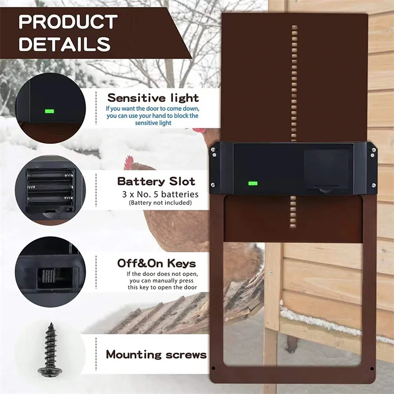 Automatische Hühnerstall-Tür mit Lichtsensor, Batteriebetriebener Hühner- und Entenkäfig-Öffner, Hühnerstall-Zubehör – Detail 8