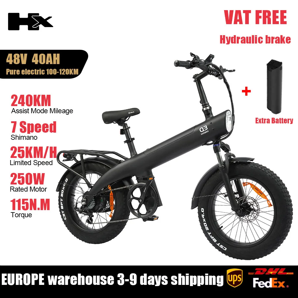 HX Q3 250W elektrische fiets voor volwassenen, 25 km/u beperkt, 48V 20Ah uitneembare accu, 20×4.0 dikke banden, vracht-e-bike, 115Nm hoog koppel, hydraulische schijfremmen, 7 versnellingen