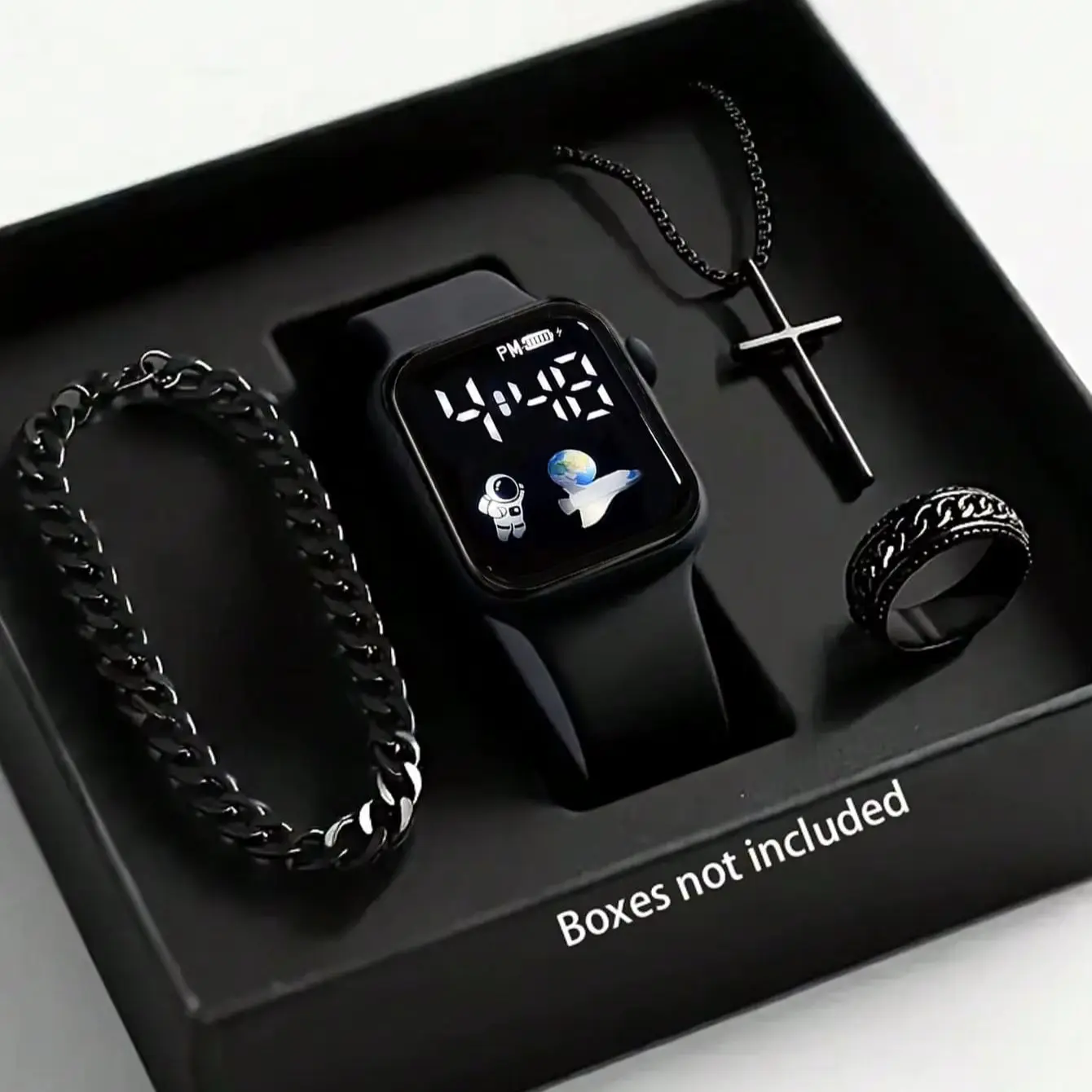 4-Piece Set of Black Silicone Digital Watches with Simple Accessory Set, Suitable for Daily Wear and Holiday Parties.
