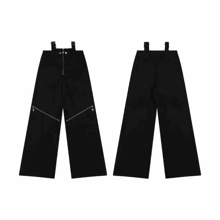 Salopette noire pour femme, pantalon long, jambe large, droit, décontracté, trempé, double taille, rue adt, optique, chaud, fille, automne, hiver