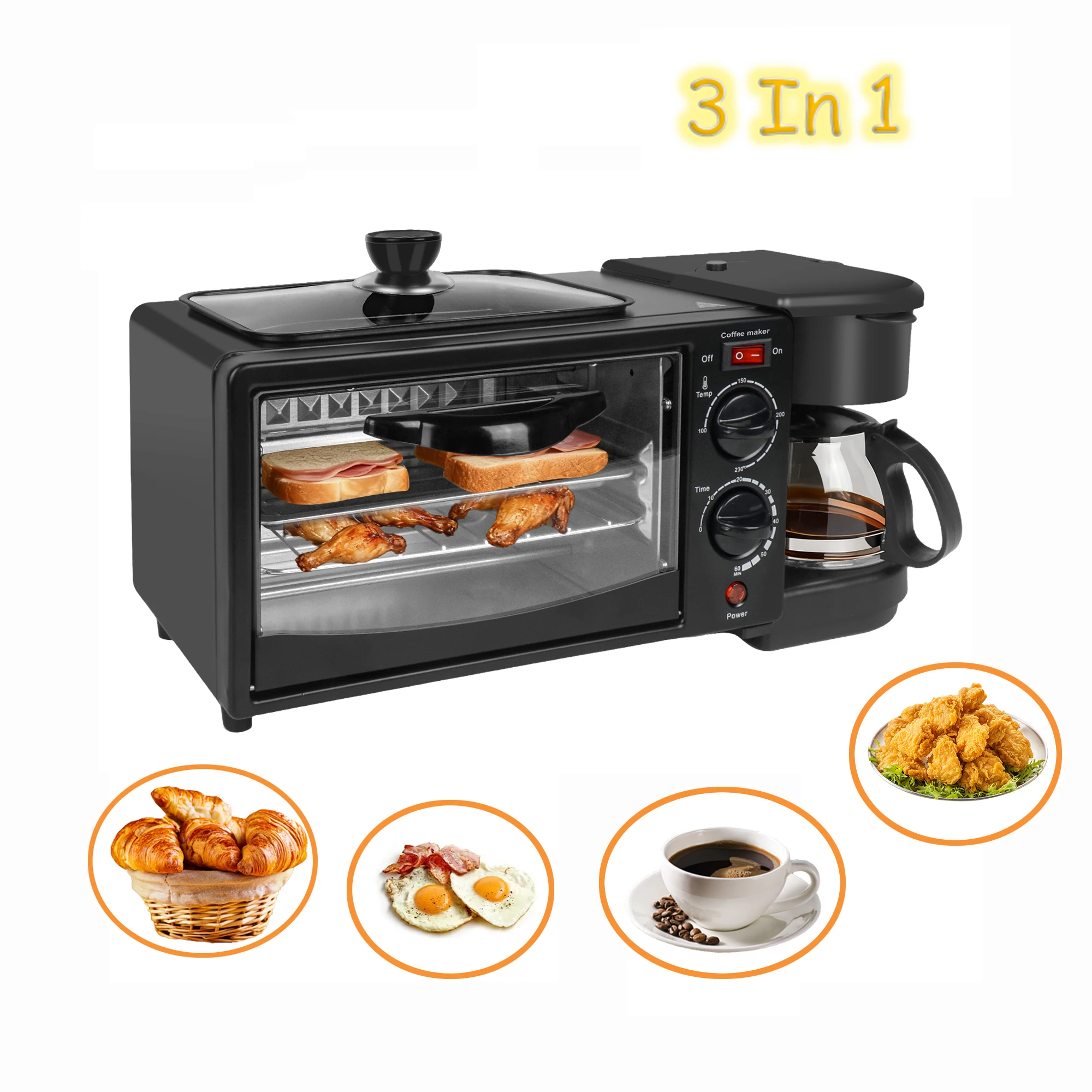Estación de Desayuno 3 en 1 con Cafetera, Horno Tostador de 9L y Sartén, Máquina Multifuncional para Desayuno con Temporizador y Control de Temperatura