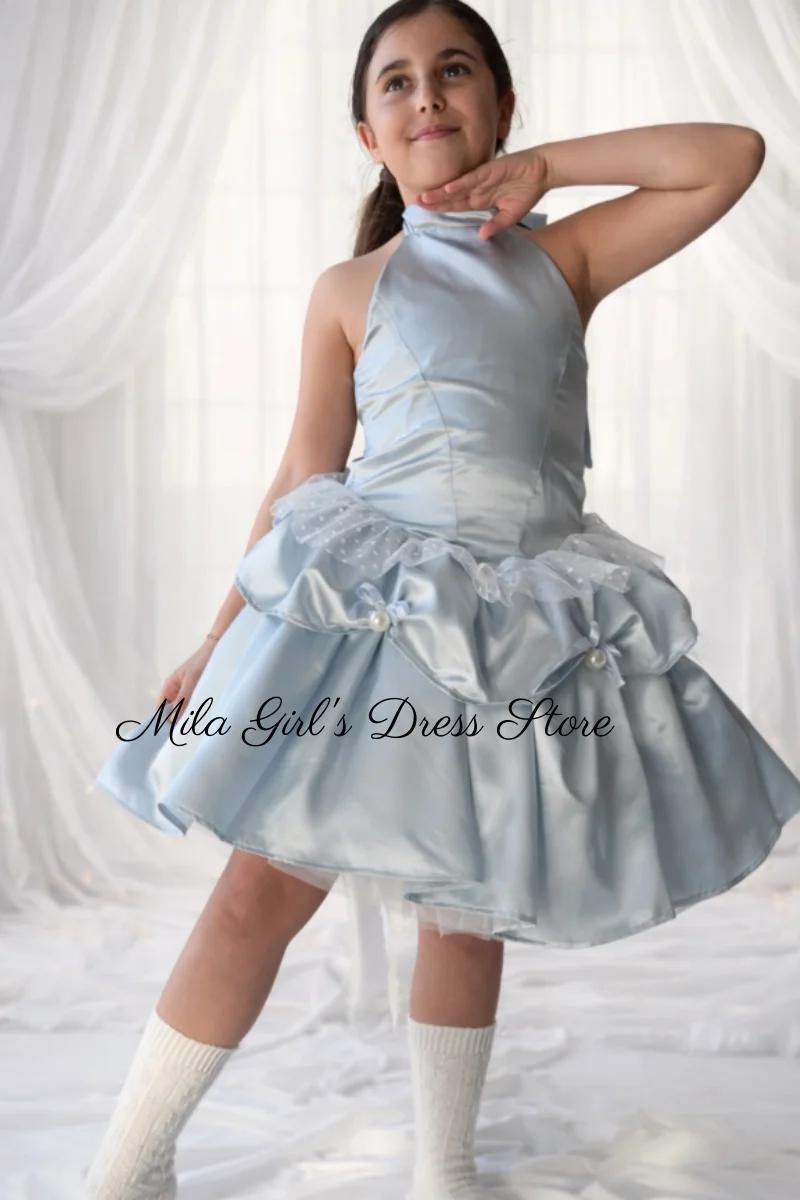 Simple Halter Blue Flower Girl Dresses Sleeveless Satin Mini First Communion Gowns Backless Child Ceremony Girl Dress 2026