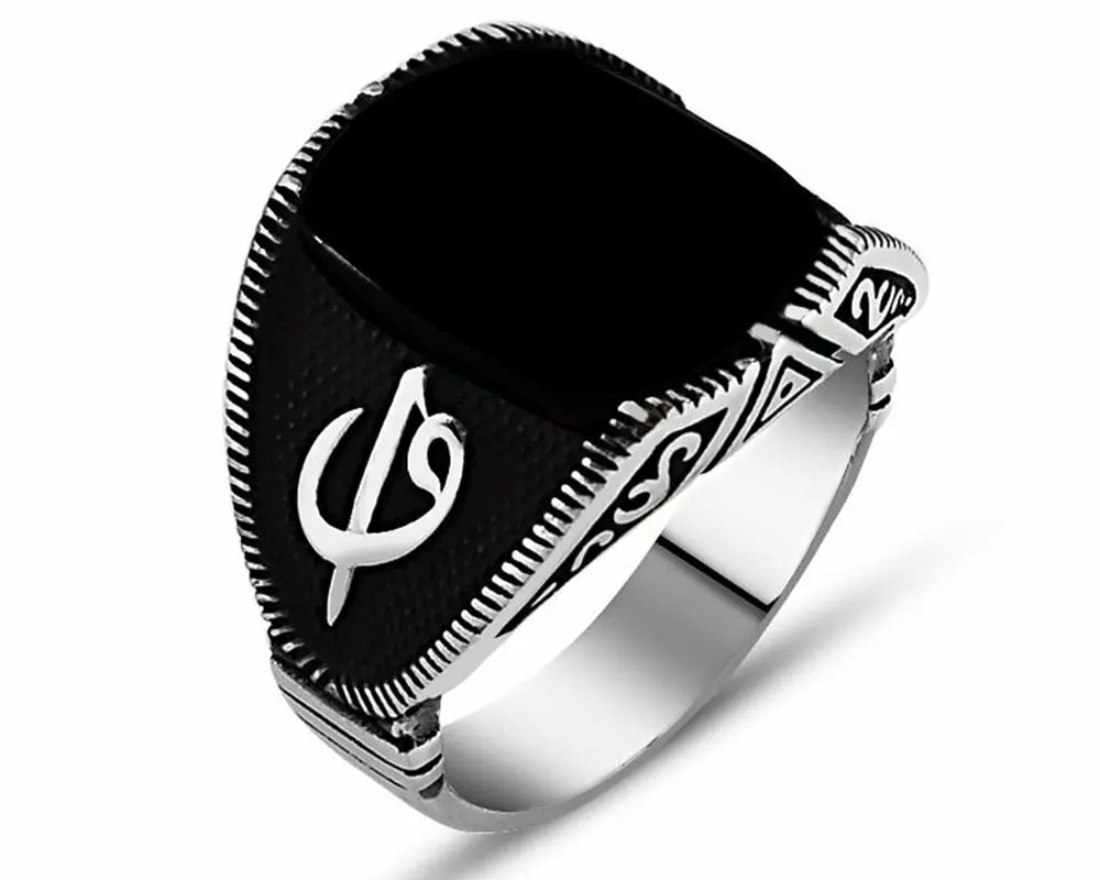 Original 925 Sterling Silver Men Ring With Onyx Stone Male Handmade Alif-waw Symbol All Sizes Available