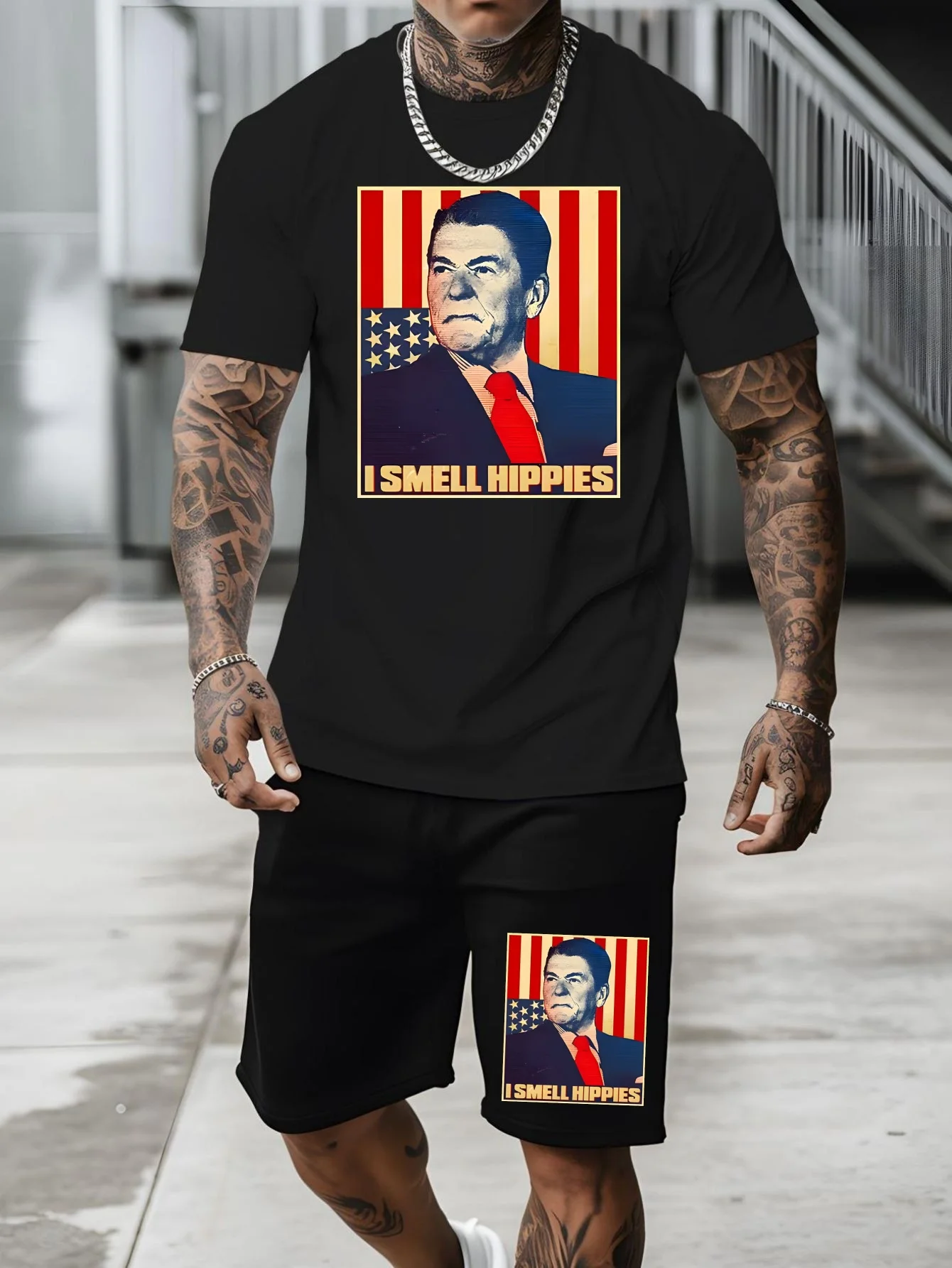 

USA President Ronald Reagan Head Portrait 3D Print Men's Short Sleeve Shorts 2 Piece Set I Smell Hippies Print Casual Tracksuit