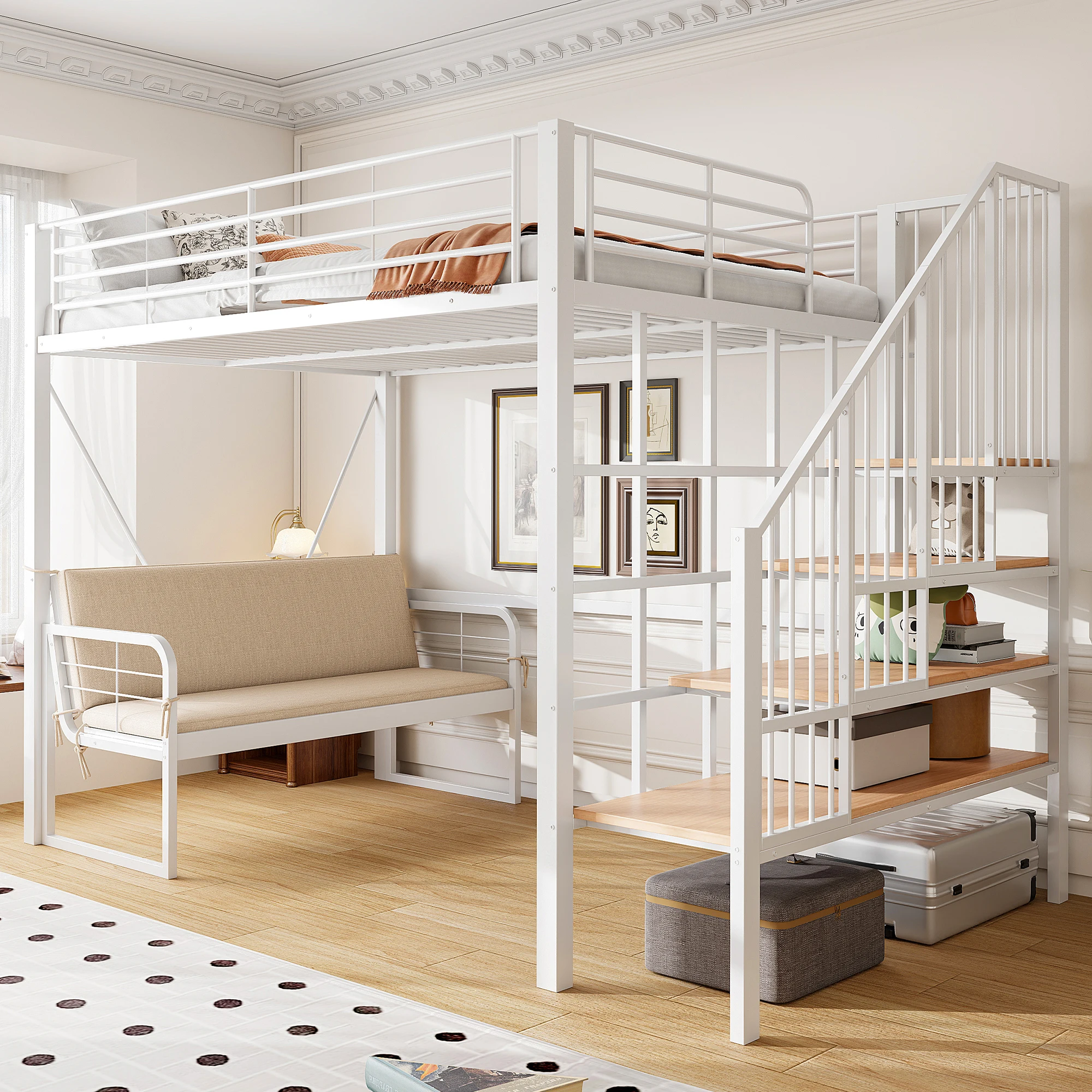 Lit superposé 140x200cm métal blanc, canapé rembourré amovible, tiroirs de rangement et escalier de sécurité pour enfants, jeunes et adultes