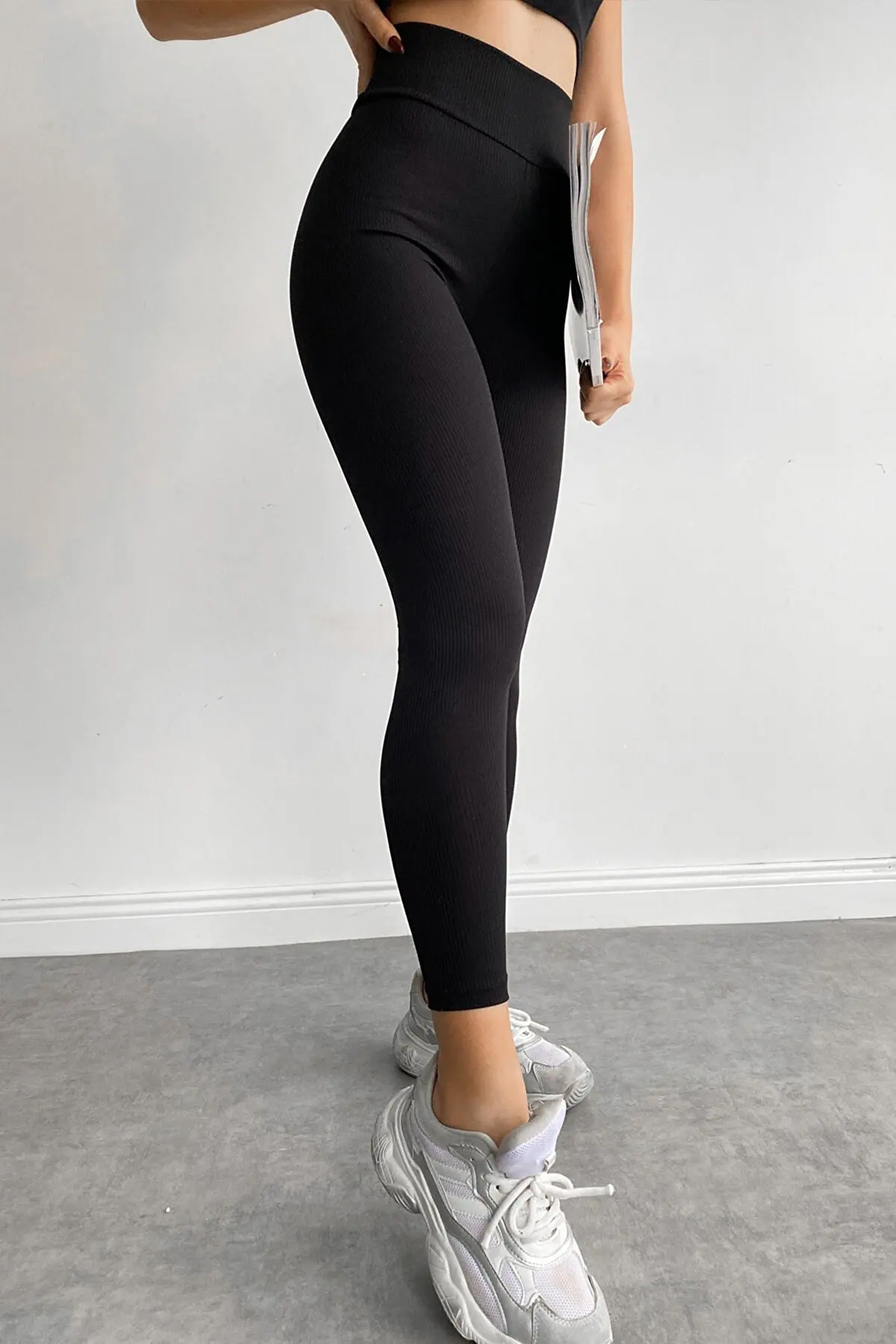 Odix Leggings da donna in velluto a coste nero Lycra a vita alta con cintura spessa