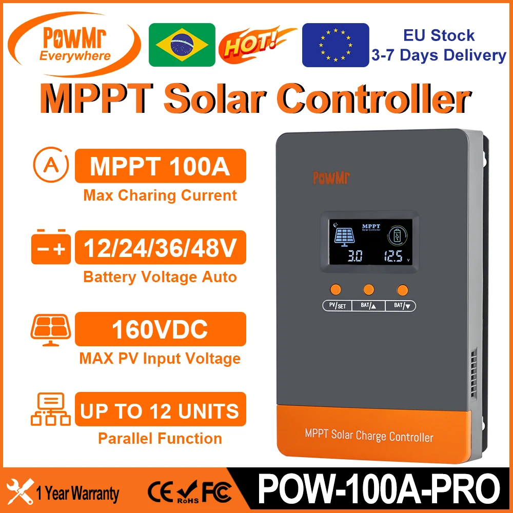 PowMr MPPT 100A Solar Charge Controller 12V 24V 36V 48V Solar Battery Max 160V Panel Intelligent Regulator Can Paralle 12 Units