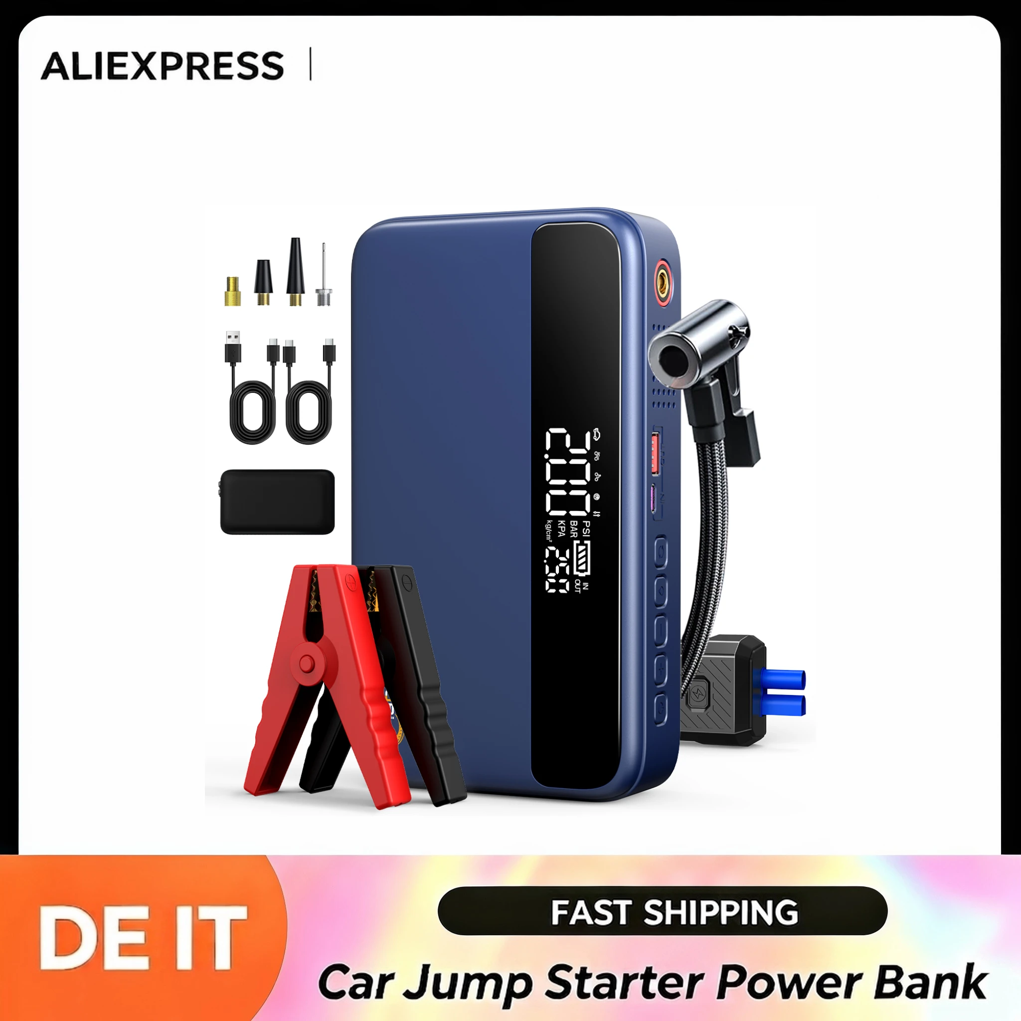 Avviatore d'emergenza per auto 3000A, capacità batteria 26800mAh, gonfiatore pneumatici 160 PSI, ricarica rapida bidirezionale PD 65W, power bank/caricabatterie portatile, luce di emergenza