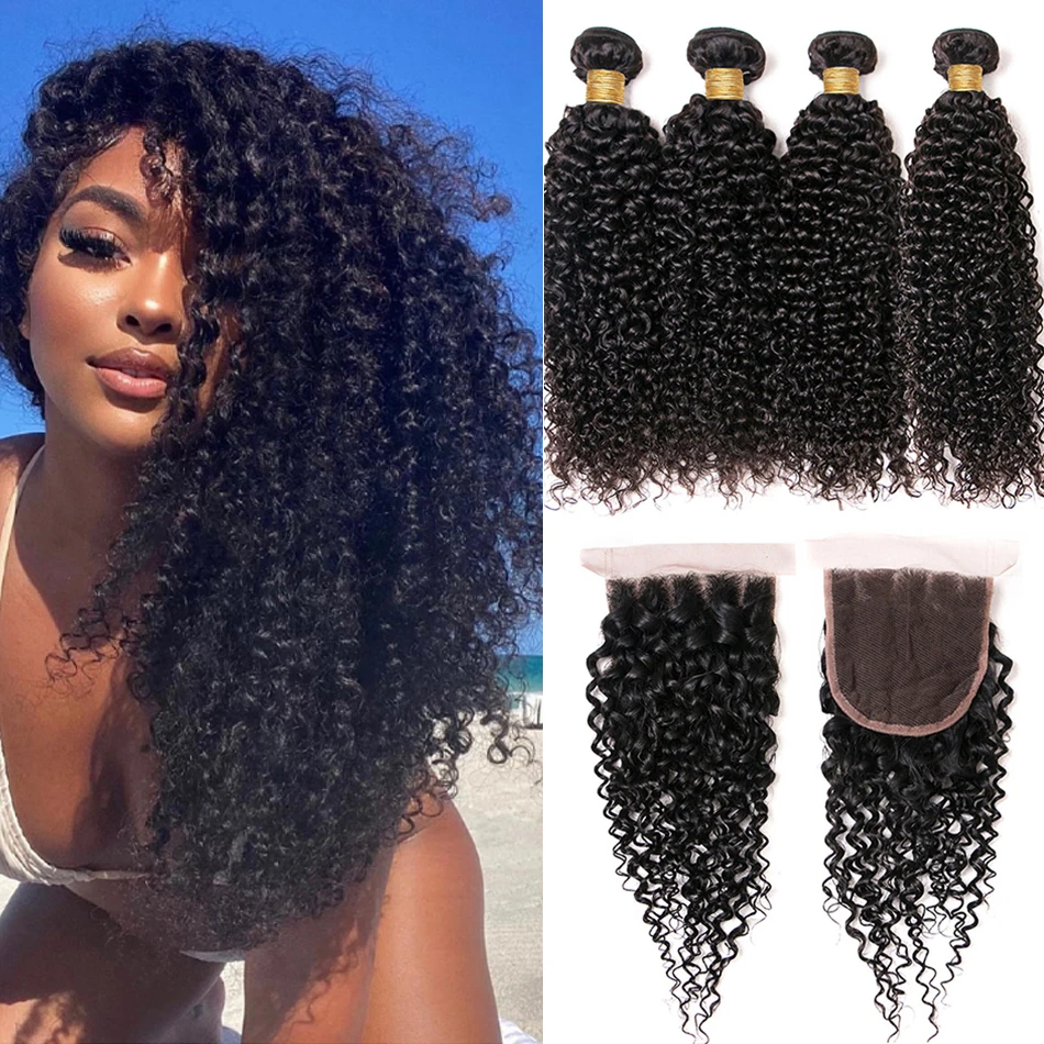 

Afro Kinky Curly 3Bundles With Closure Human Hair Extensions With Closure Jerry Curl 12A Brazilian Raw Virgin Hair Weave Bundles