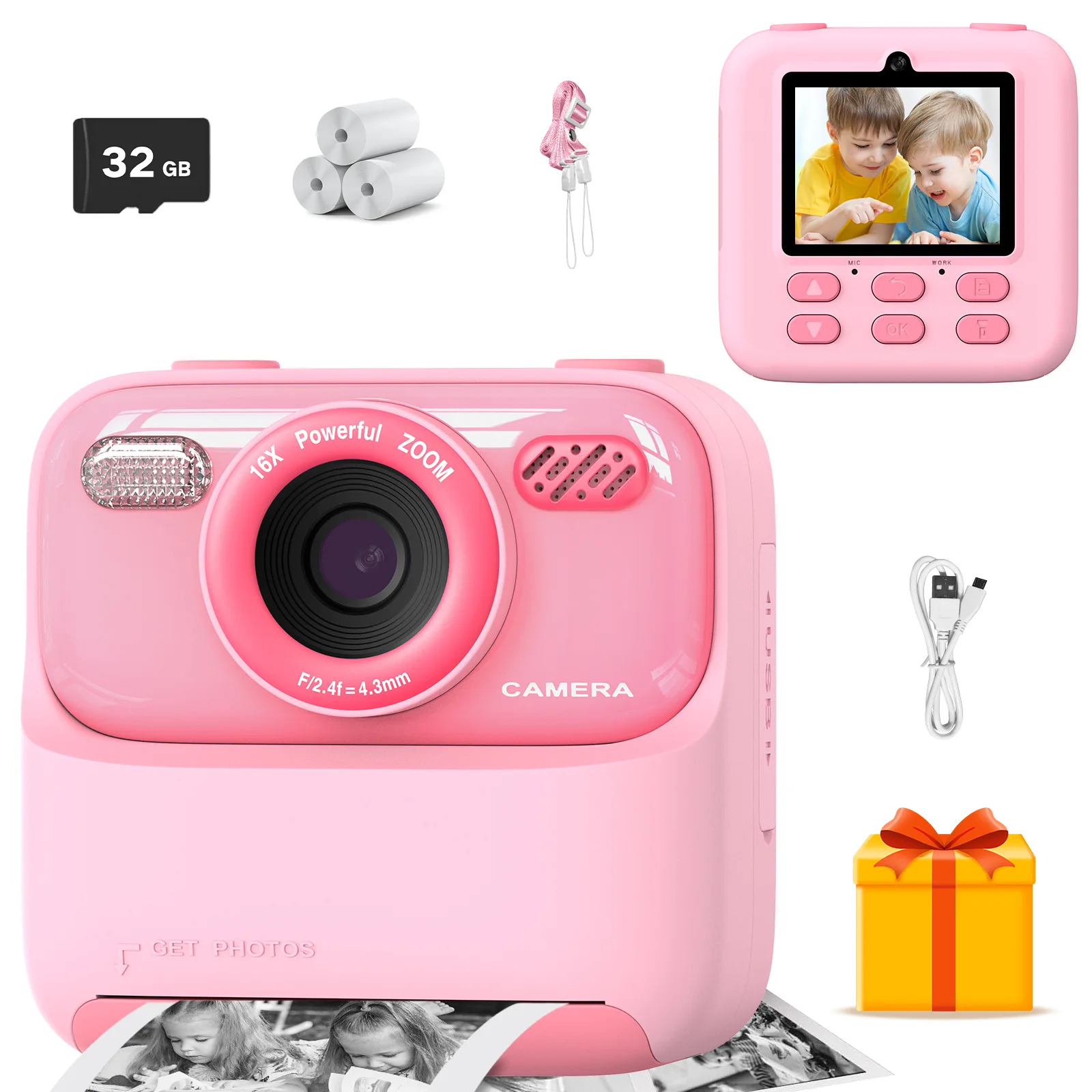 Children Smart Instant Print Camera 1080P HD Dual Lens Digital Video Camera Kids Puzzle Games Toys for Girls Boys Birthday Gifts