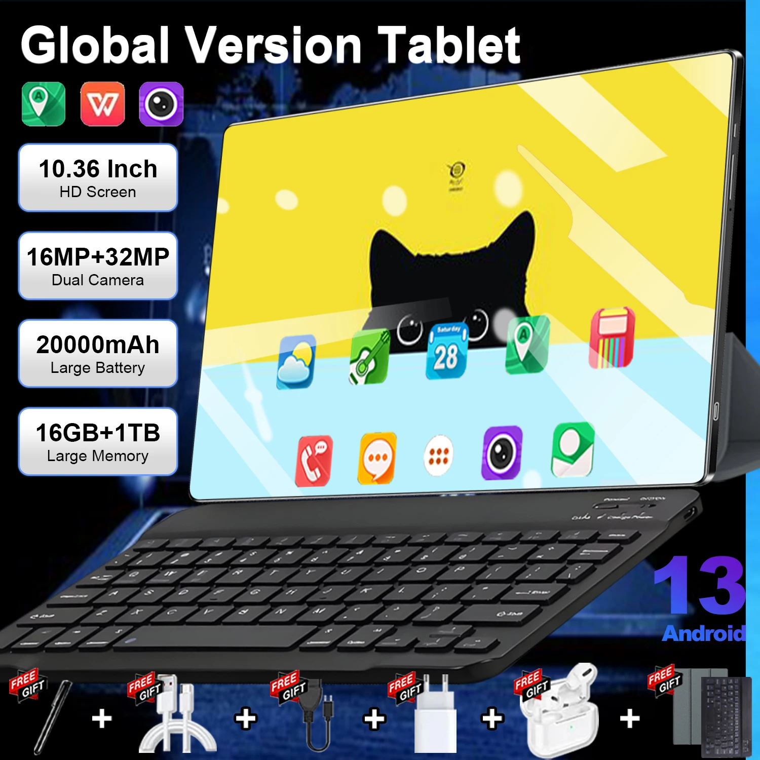 Tablette 14 pouces Android 10.36, 16 Go de RAM, 1 To de ROM, batterie 20000 mAh, WiFi 5G, Bluetooth, Android 13, appareil photo 16+32MP, tablette pour l'étude et le bureau