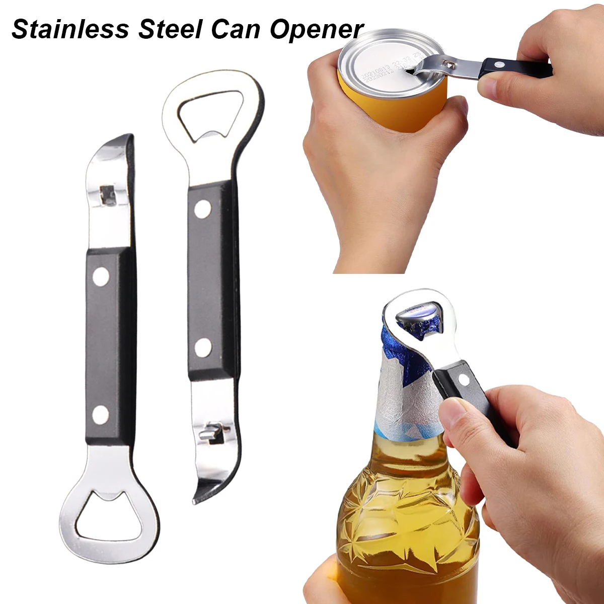 1Pc 2-in-1 Stainless Steel, Can Punch Opener with Non-Slip Handle, Dual Sided Stainless Steel Bottle Opener, Manual Beer Bottle
