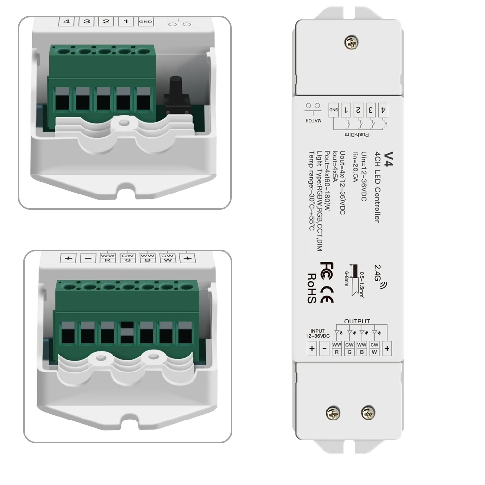 RF 2.4G RGBW LED Controller For LED Strip Lights Tape 4-Channel 5A/Channel DC 12V 24V 36V High Power Dimmer