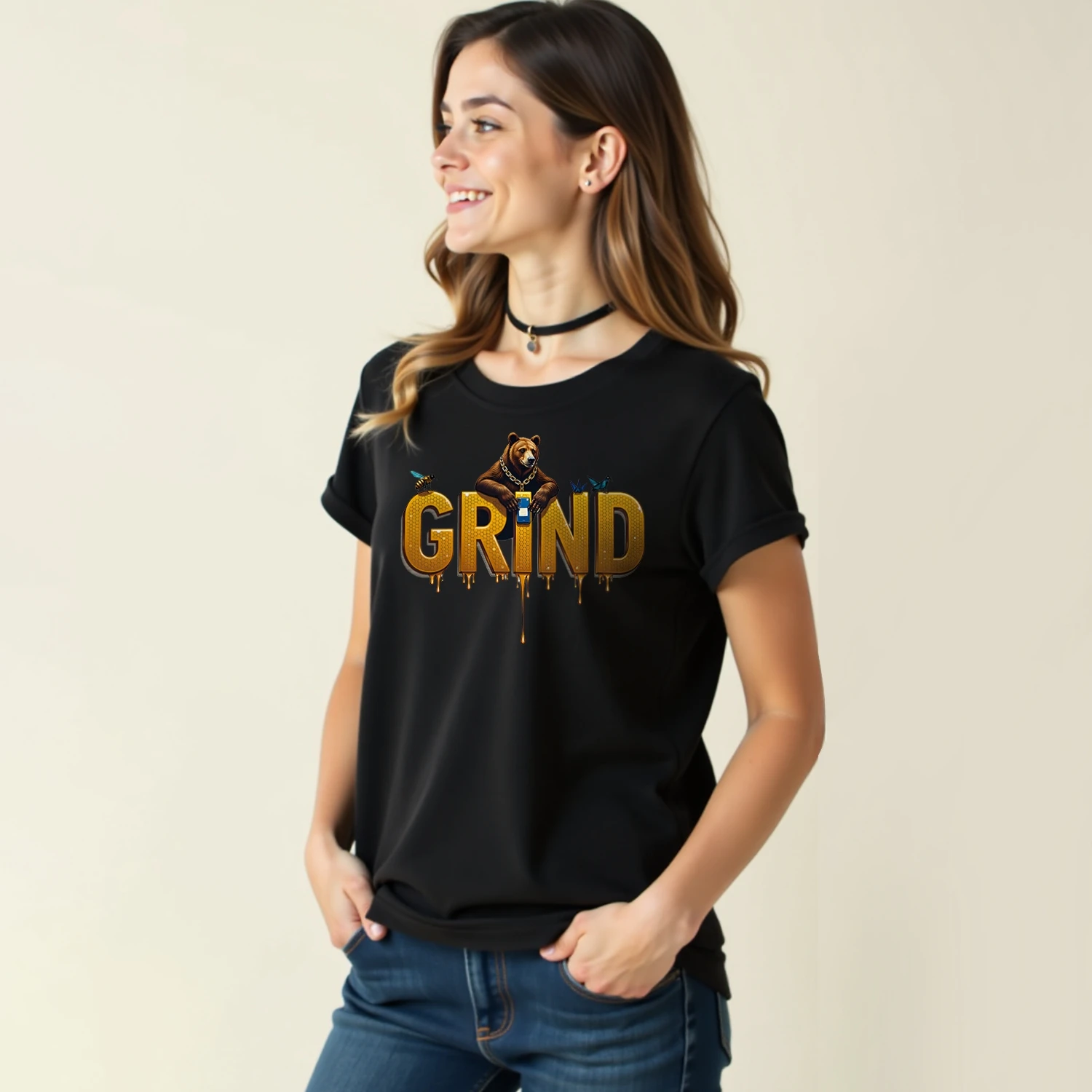 GRIND Bear Bee New Summer Cotton Female Short-Sleeved O-neck Soft T-shirt Tee Unisex Oversized Tshirt Tee Sarcas Graphic Design