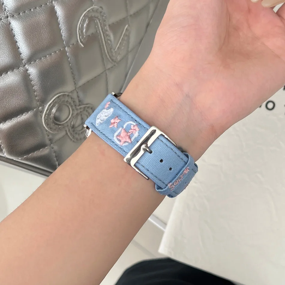 Canvas Leather Strap For Apple Watch Band 38 40 41 44 42 45 49mm Embroidered Wings Bracelet iWatch Series 9 8 7 6 5 4 SE Ultra 2