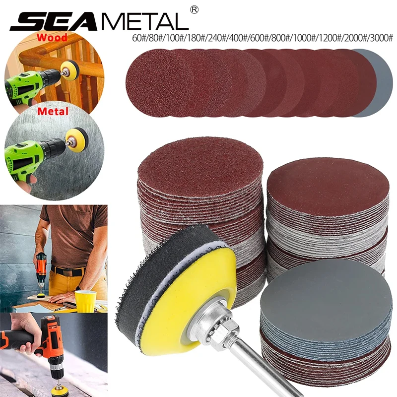SEAMETAL 120 Stück 50 mm Schleifpapier-Sortiment, Körnung 60–3000, Schleifscheiben-Pad-Set, 5,1 cm, mit Scheibenstange, Kissen, Autozubehör