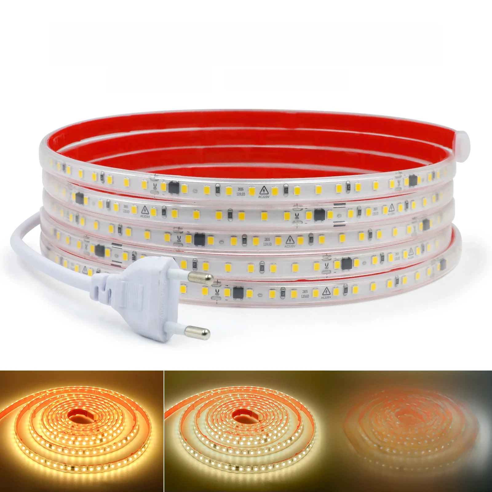 Bande lumineuse LED 220V, 0.5m 5m 10m 20m 25m 30m 40m 2835 120LED, bande LED Flexible avec ruban adhésif, ruban lumineux étanche