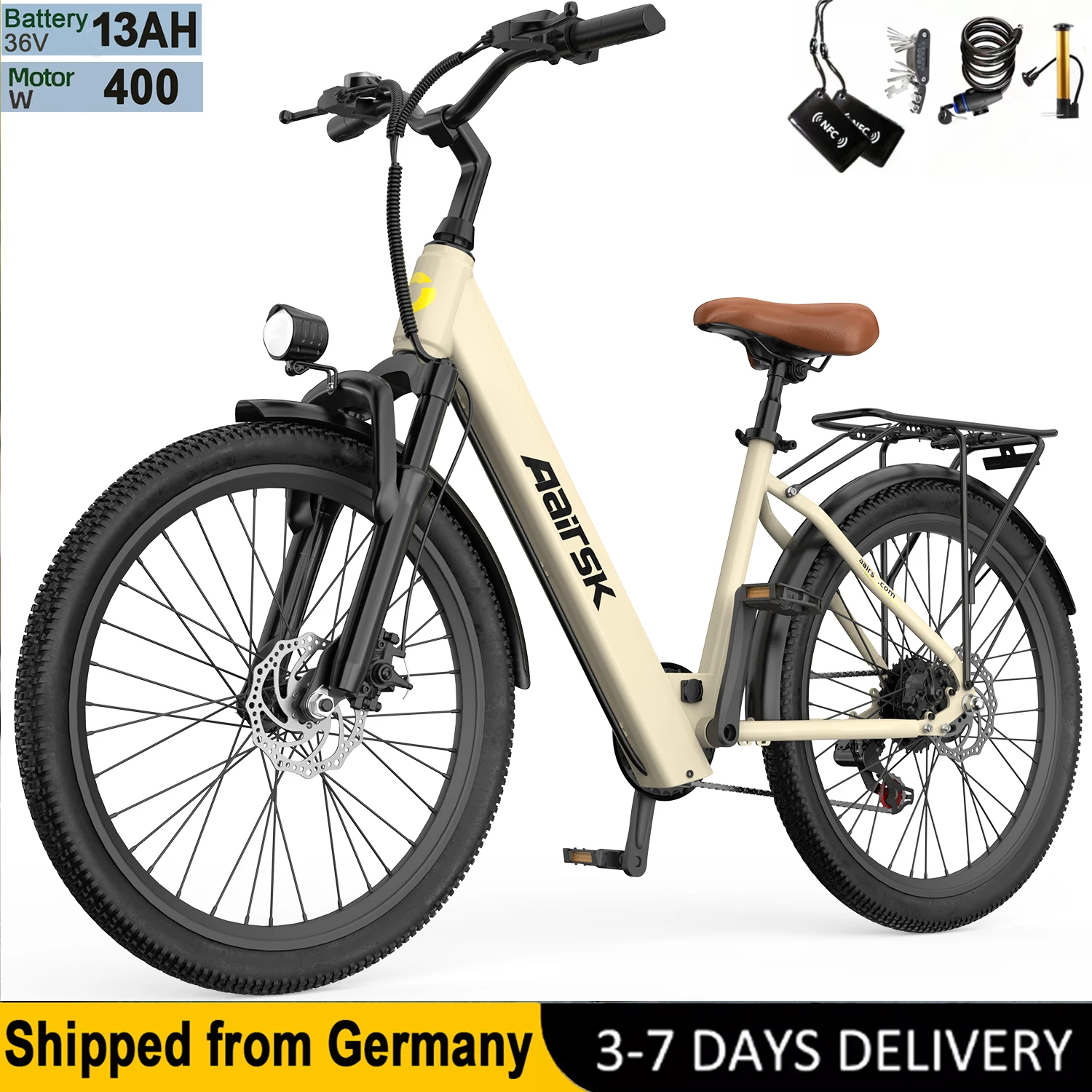 Aairsk SU7 E-Citybike für Erwachsene, 36V 13AH Akku, 60 km Reichweite, 7-Gang, mit NFC-Smart-Lock, 24" Reifen, Scheibenbremsen, Urban-Commuter-Bike 25 km/h.