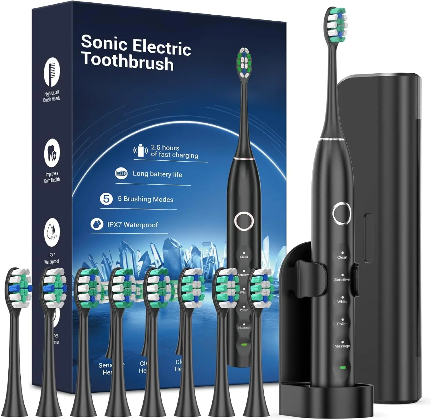 Rtauys S5 Upgraded Sonic Electric Toothbrush for Adults and Kids Ages 12+ with 8 Brush Heads, IPX7 Travel Toothbrush with Case,