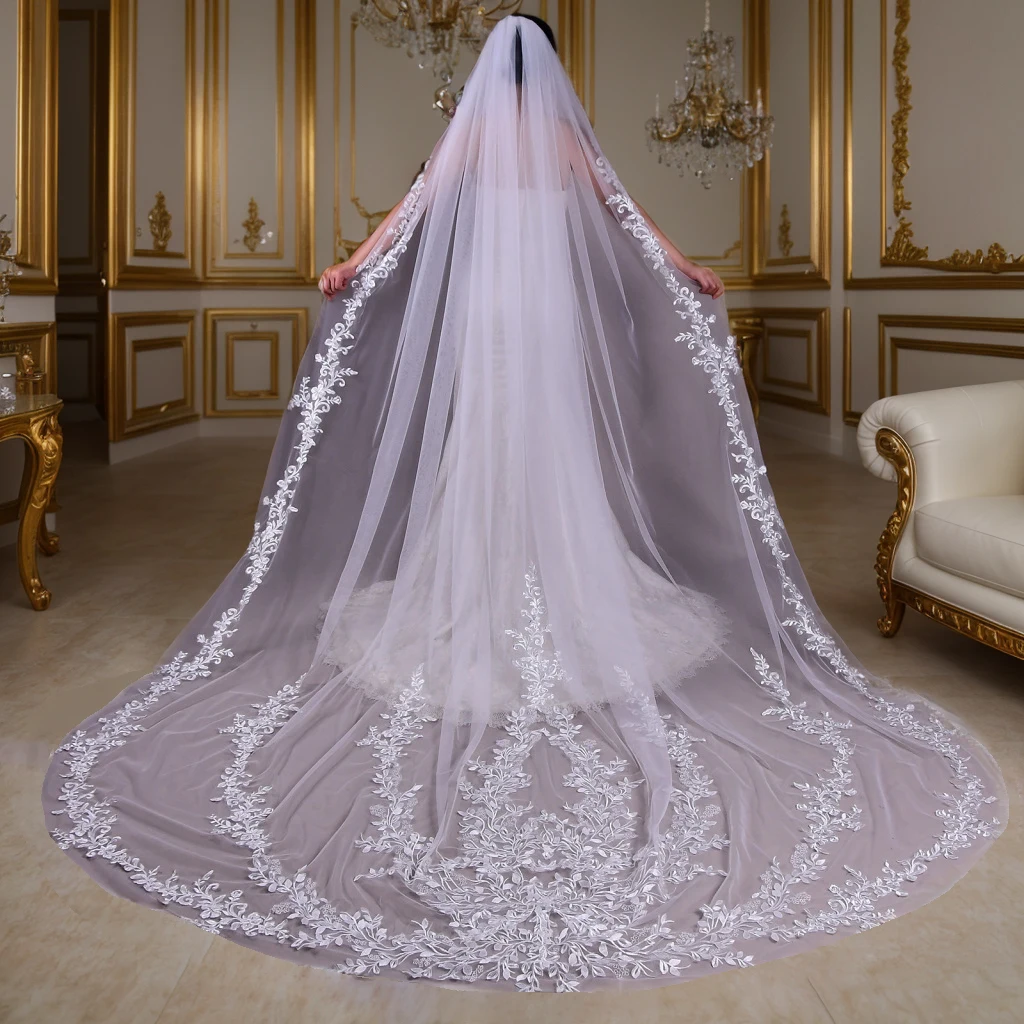 

TOPQUEEN Velos De Novia Lujo 2024 Single Cathedral 3m Luxury Foliage Lace Bridal Veil Complementos De Boda V222