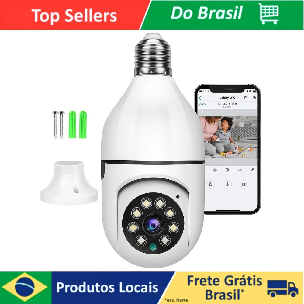 Câmera de Segurança Lâmpada IP Wi-Fi 360° Full HD 1080p, Giratória, Bivolt, Prova D’Água, Visão Noturna, Detecção de Movimento