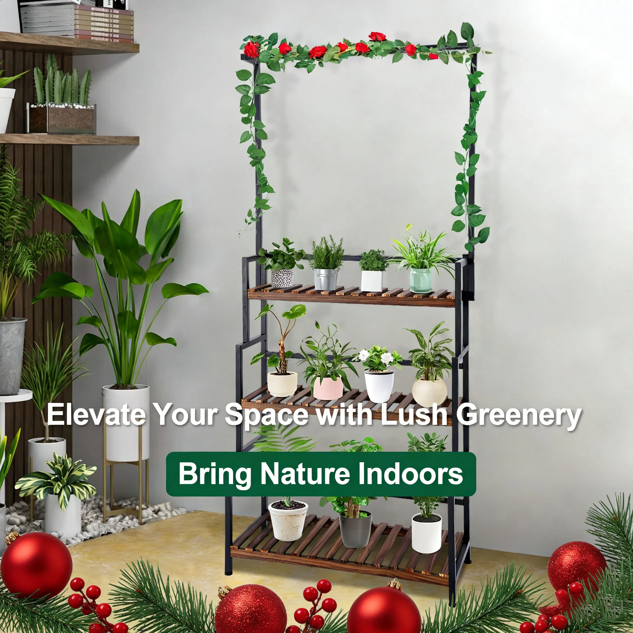 

Plant Stand, Three-Tier Black Metal Flower Rack, Space-Saving Outdoor Garden Flowerpot Holder with Hanging Basket, 80x34x173cm