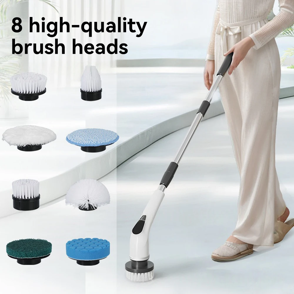 فرشاة تنظيف كهربائية، فرشاة تنظيف دوارة لاسلكية، مقبض ممتد قابل للتعديل مع 8 رؤوس قابلة للاستبدال للحمام والمطبخ والمرحاض
