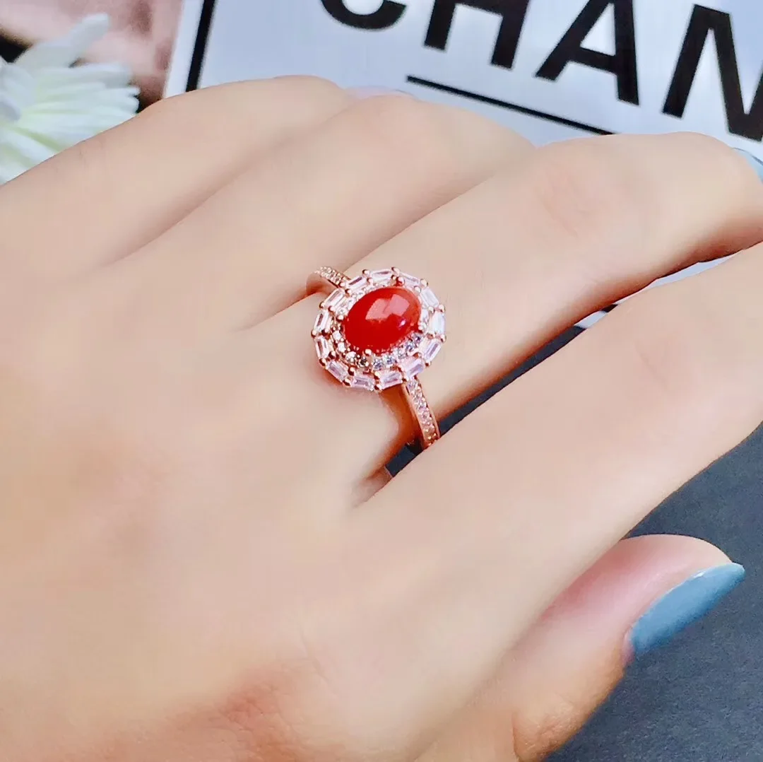 Jewelry Girl Natural Red Coral Pendant Necklace Ring Earnail Set 925 Pure Silver Plated Rose Gold Gift for Girlfriend Christmas, view 5