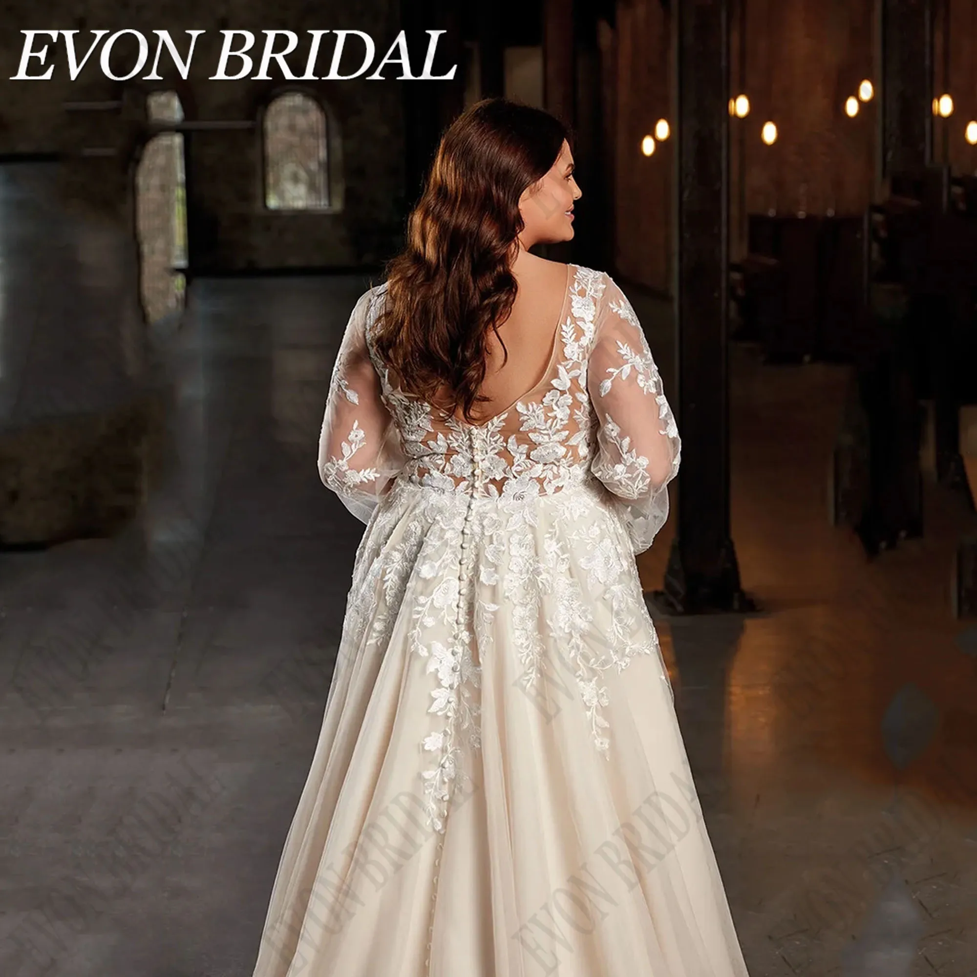 EVON BRIDAL Wedding Dress Plus Size Woman V-Neck Puff Sleeves Applique A-Line Backless Light Champagne Lace Elegant Bride Gowns