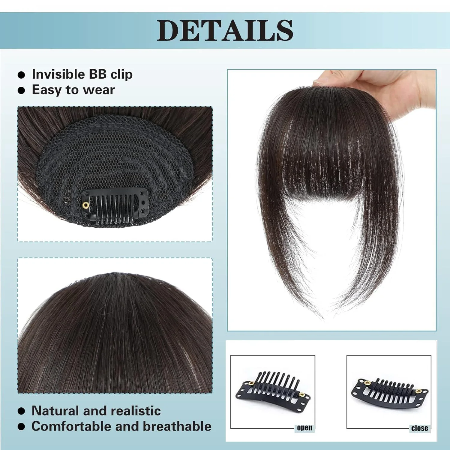 Clip In French Hair Bangs 100%  Human Hair Extensions Wispy Bangs for Women Curved Fake Bangs with Fringe Temples Hairpieces