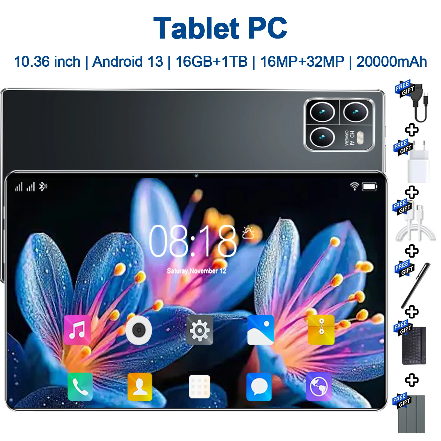 Tablet 5G Pad 2026 de 10.36 pulgadas, Android, 20000mAh, 16GB de RAM, 1TB de ROM, Android 13.0, Wifi, 14 núcleos, PC, red global, GPS