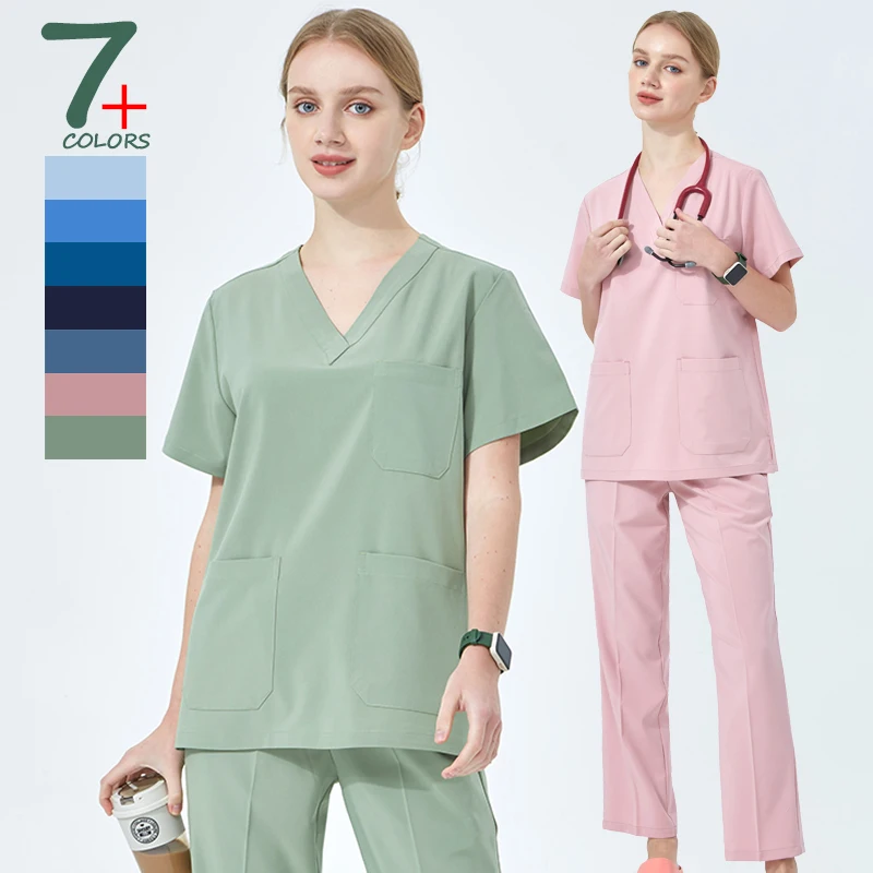 ผู้หญิงหมอพยาบาลชุดทํางาน Medical Scrubs ชุดผ่าตัด Workwear ด้านบนและกางเกงสีทึบสัตว์เลี้ยงโรงพยาบาลชุดพยาบาล S01