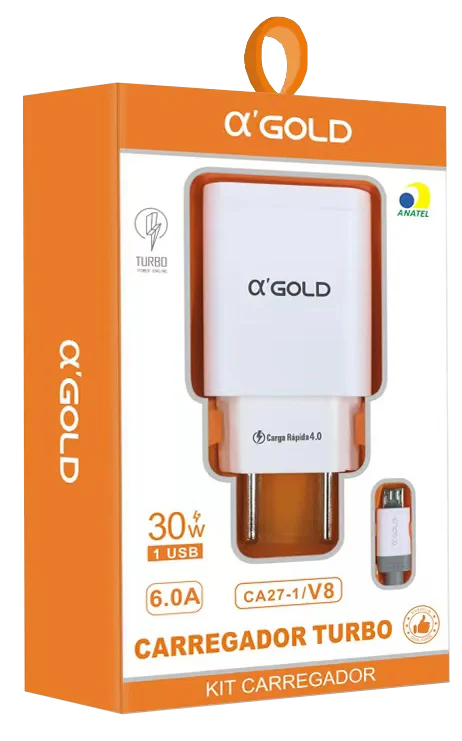 Kit Carregador Turbo 30W 6,0A + Com Cabo Usb V8 - a'Gold