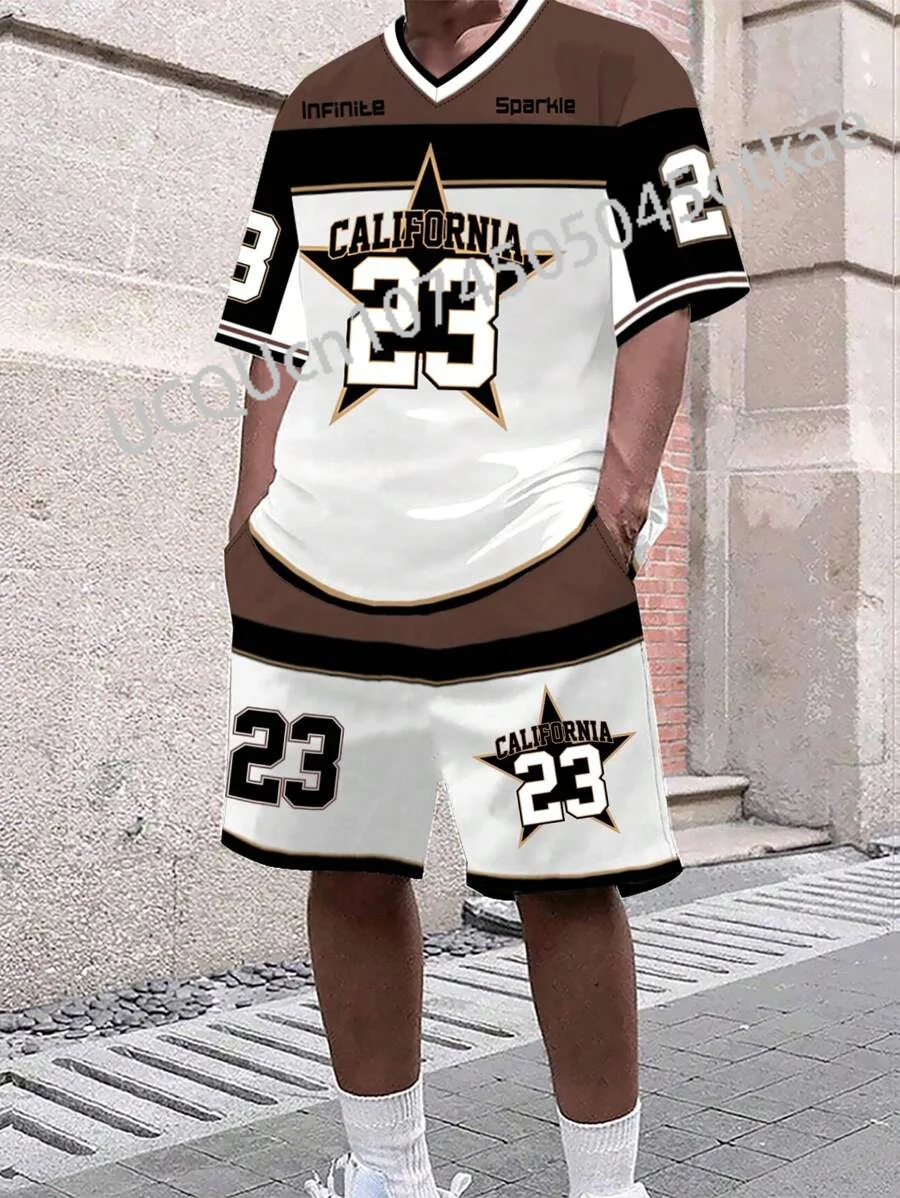Men's CALIFORN NO.23 Short Sleeve T-Shirt & Shorts Set V-neck Gradient Short Sleeved Women's T-shirt Shorts Set