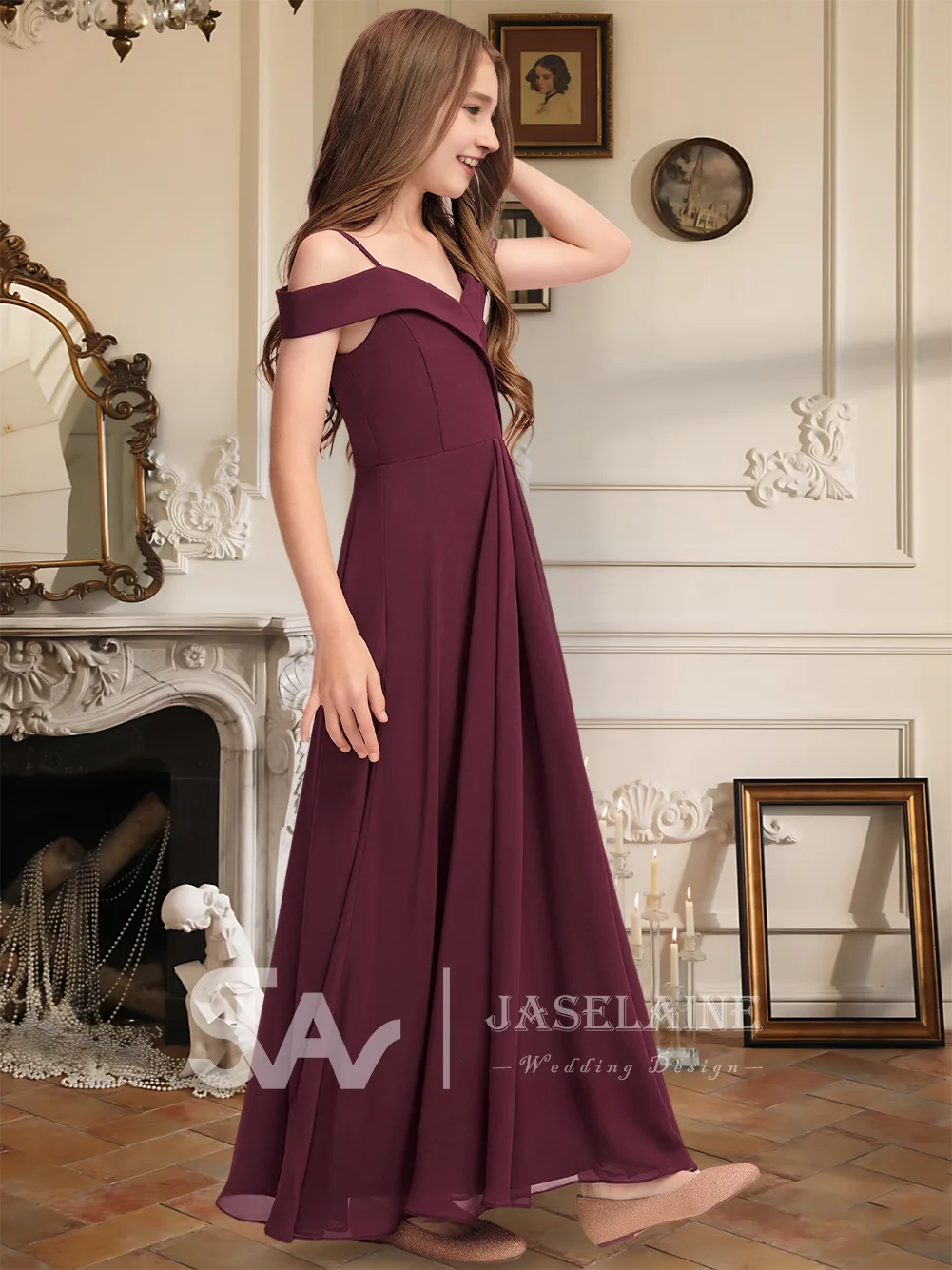 

A Kids A-Line Cold Shoulder Floor-Length Chiffon Junior Bridesmaid Dress Flower Girl Dress Girls Party Wedding Formal Occasion