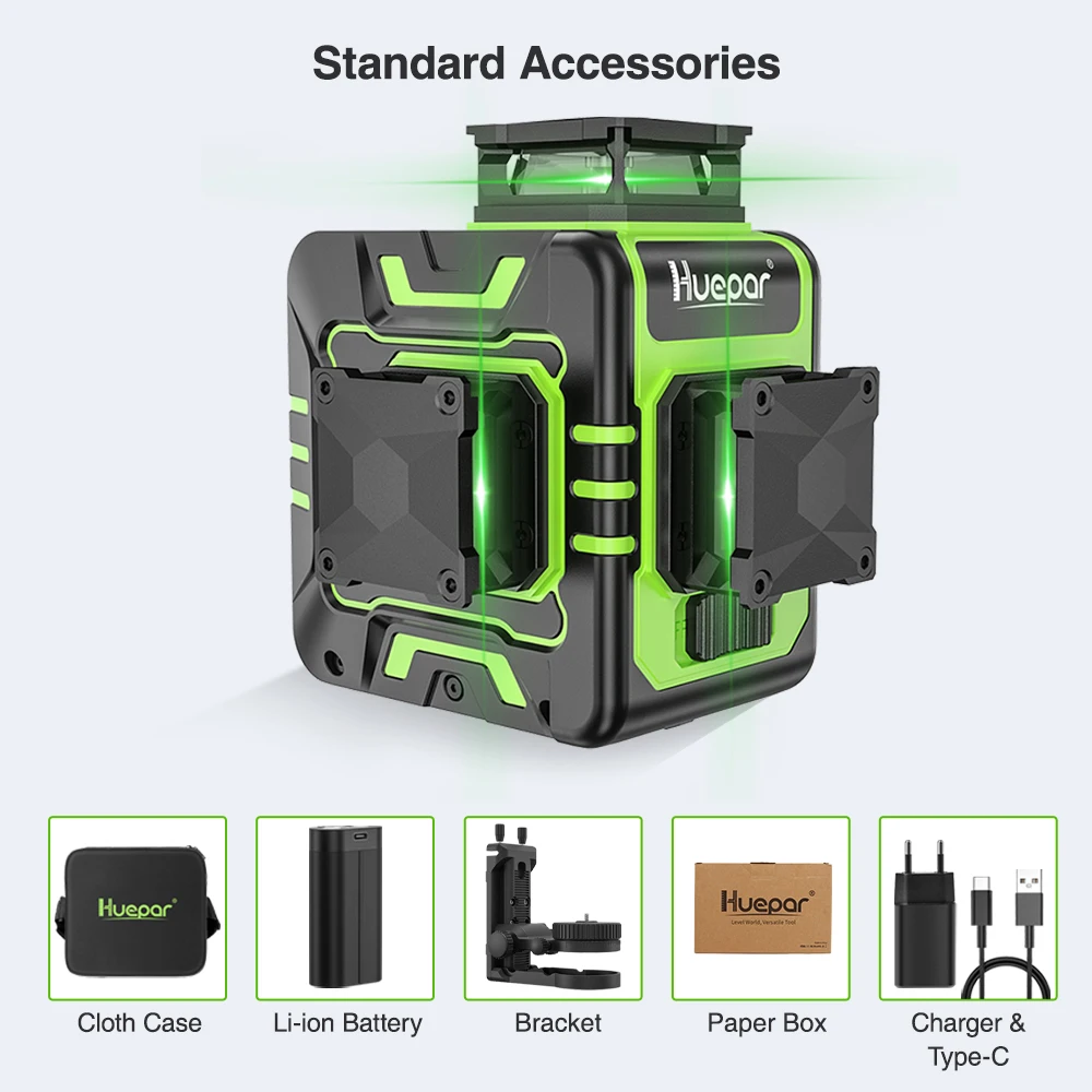 Huepar R03CG 3D 12 Lines Green Laser Level Germany Osram Cross Line 360° Self-Leveling Rotatable Laser Window with Pulse Mode
