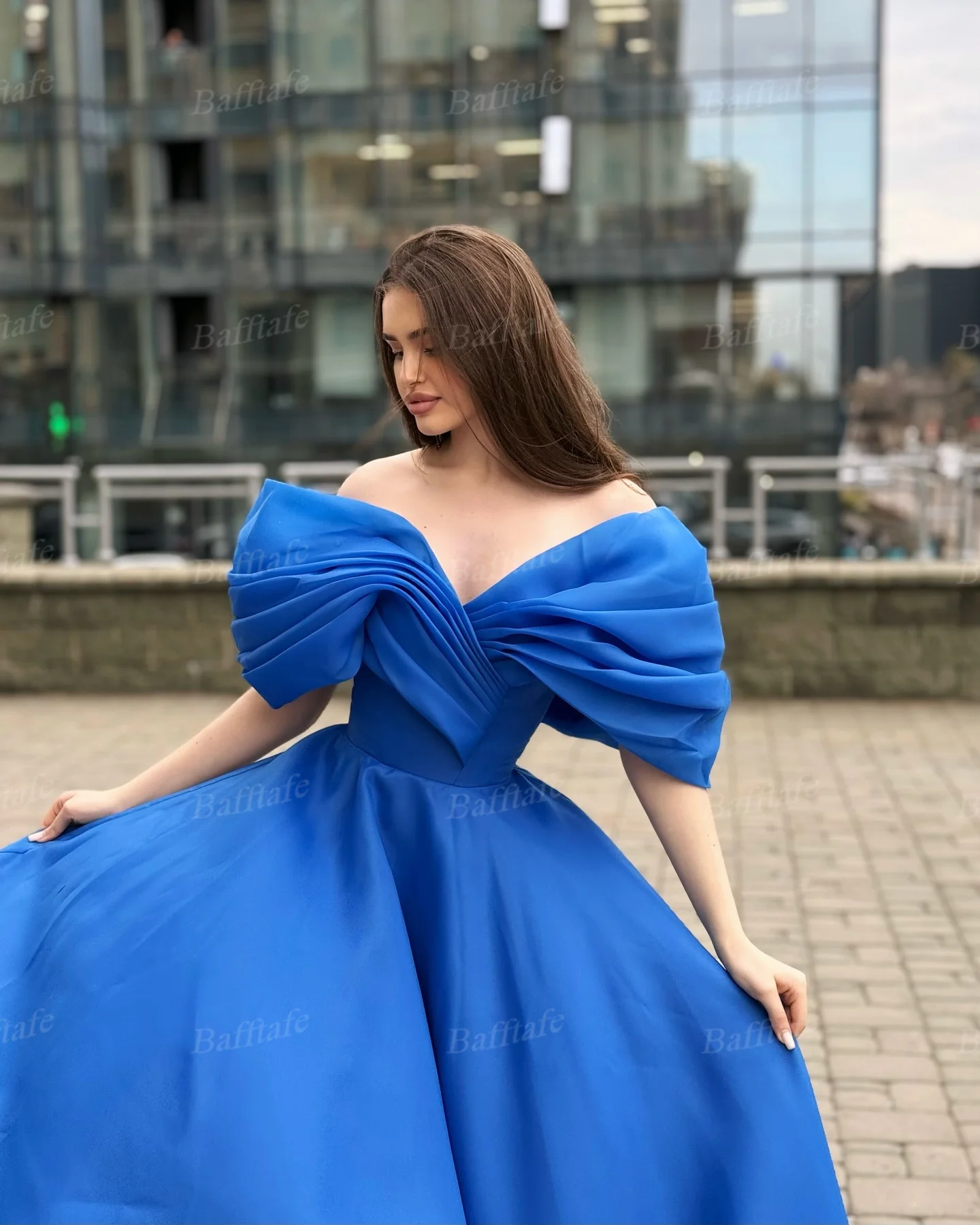 Bafftafe azul una línea de Organza vestidos de graduación personalizados fuera del hombro plisado corsé vestidos de noche formales mujeres fiesta especial