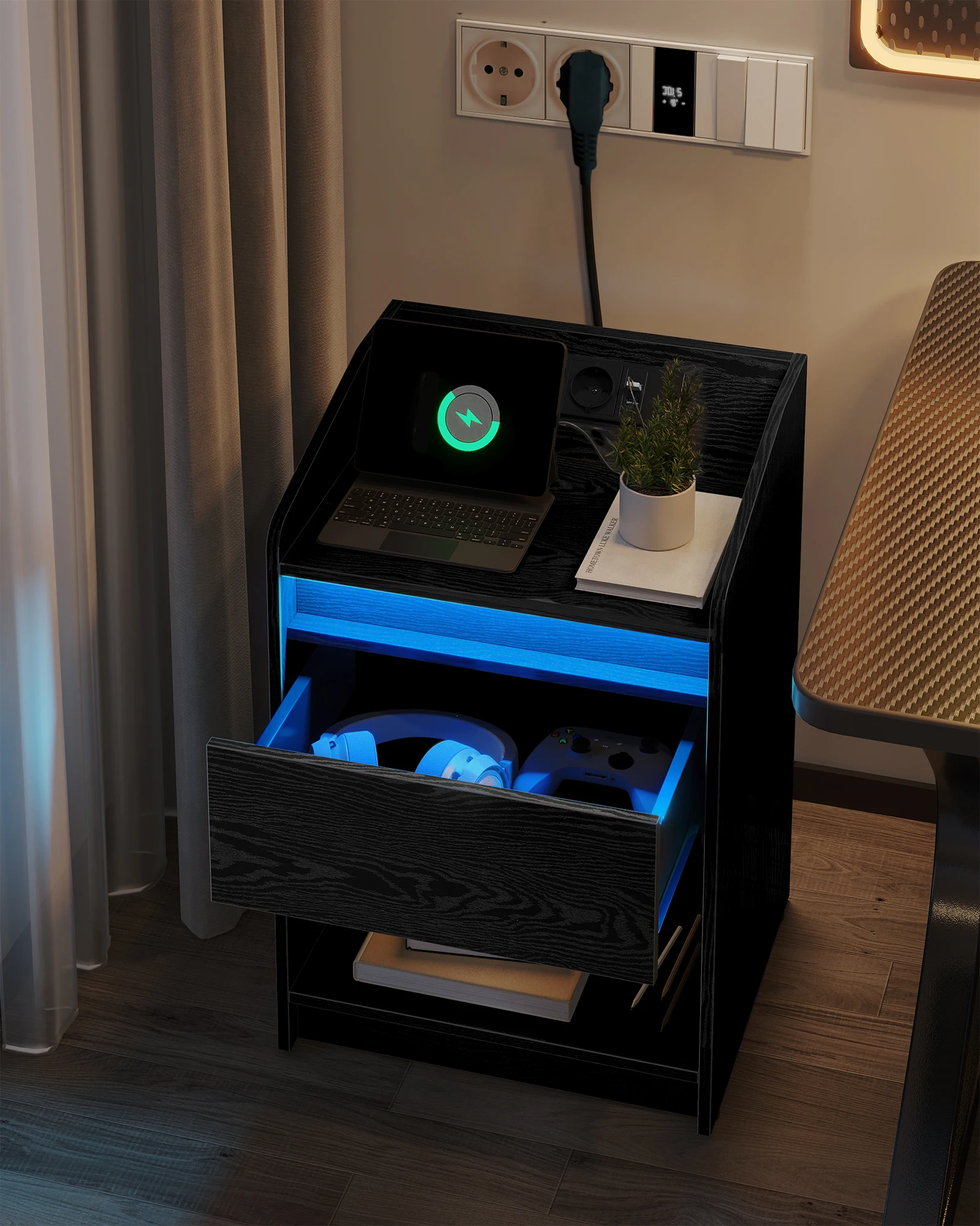 Mesa de Noche con Luz LED, 1 Cajón de Almacenamiento, para Dormitorio, Sala de Estar, 2 Puertos USB, 2 Enchufes, Compartimento Abierto