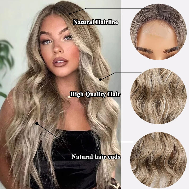 Long Ombre Ash Blonde with Highlight Lace Front Wigs for Women,Lace Wigs Natural Wavy Middle Parting Synthetic Wigs