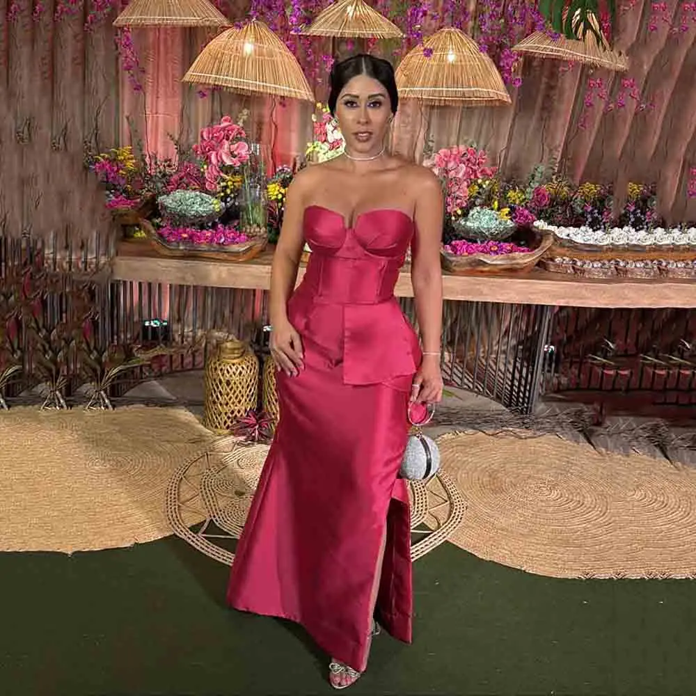 

Msikoods Satin Strapless Corset Prom Dress Slit Party Dress Formal Gown Fuchsia Peplum Ruffle Long Evening Dress 2026 Customized