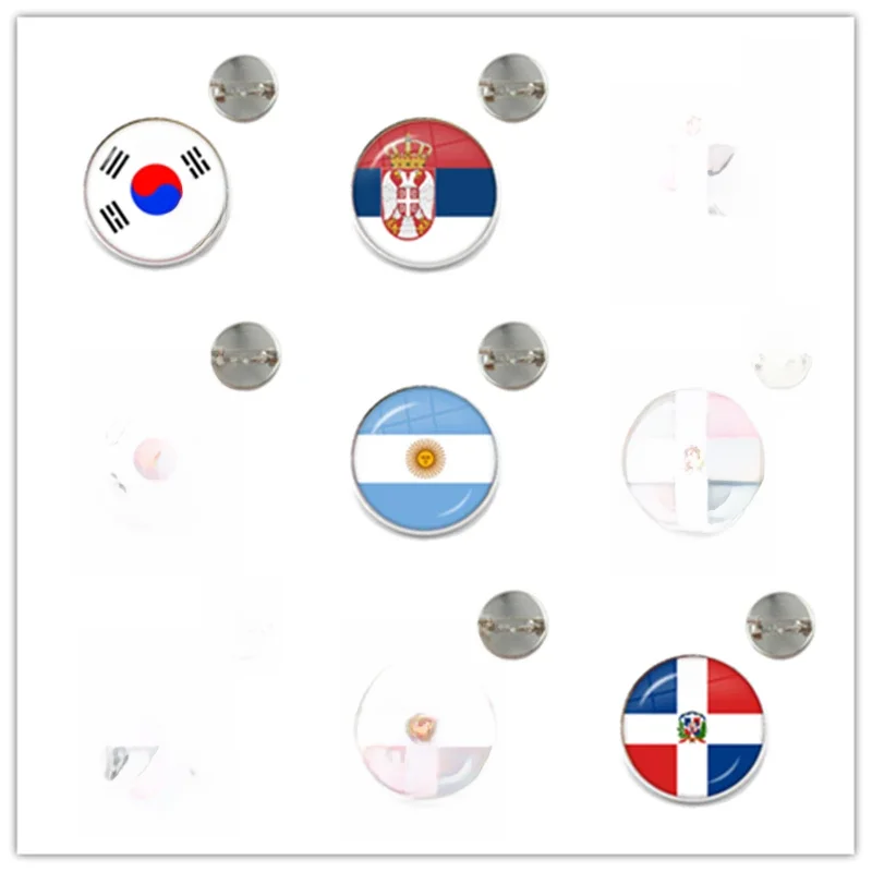 Broszka ze szklanym kaboszonem z flagą narodową Korea, Serbia, Rosja, Słowenia, Argentyna, Stany Zjednoczone, Turcja, Hiszpania, Dominika Szpilki do kołnierzyka Prezent — zdjęcie 2