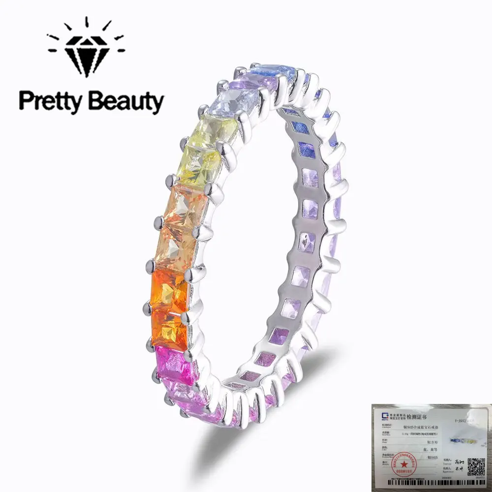Pretty Beauty 925 Sterling Silber Regenbogen-Saphir Ewigkeitsring für Damen 2,5mm Mehrfarbiger Edelstein Ehering Feiner Schmuck