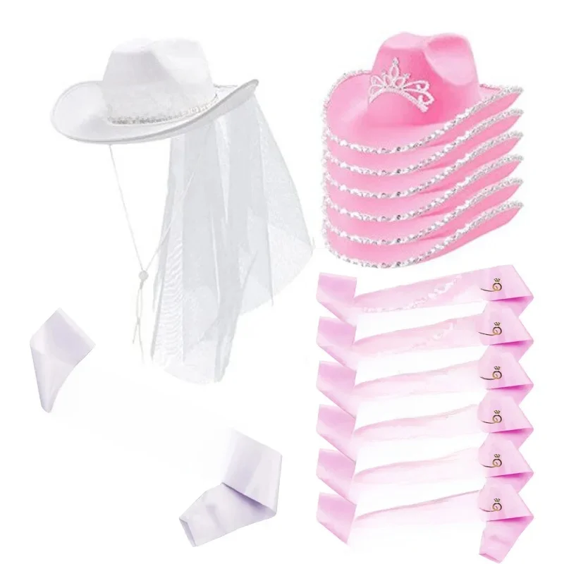 Chapeau en denim avec ceinture en satin rose/blanc, fournitures pour enterrement de vie de jeune fille, cadeaux de demoiselle d'honneur