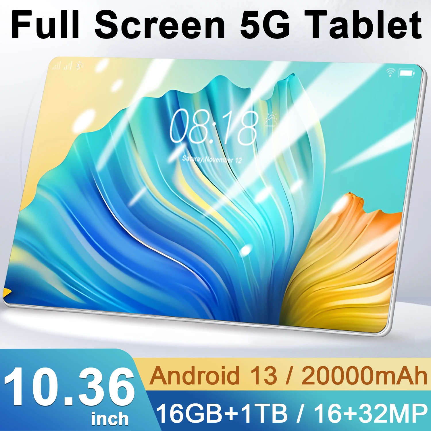 Tablette multimédia Android 13 de 10,36 pouces, processeur 14 cœurs, 16 Go de RAM, 1 To de ROM, batterie 20000 mAh, WiFi double SIM 5G, appareils photo 16MP+32MP pour jeux décontractés, stockage de fichiers et divertissement en plein air