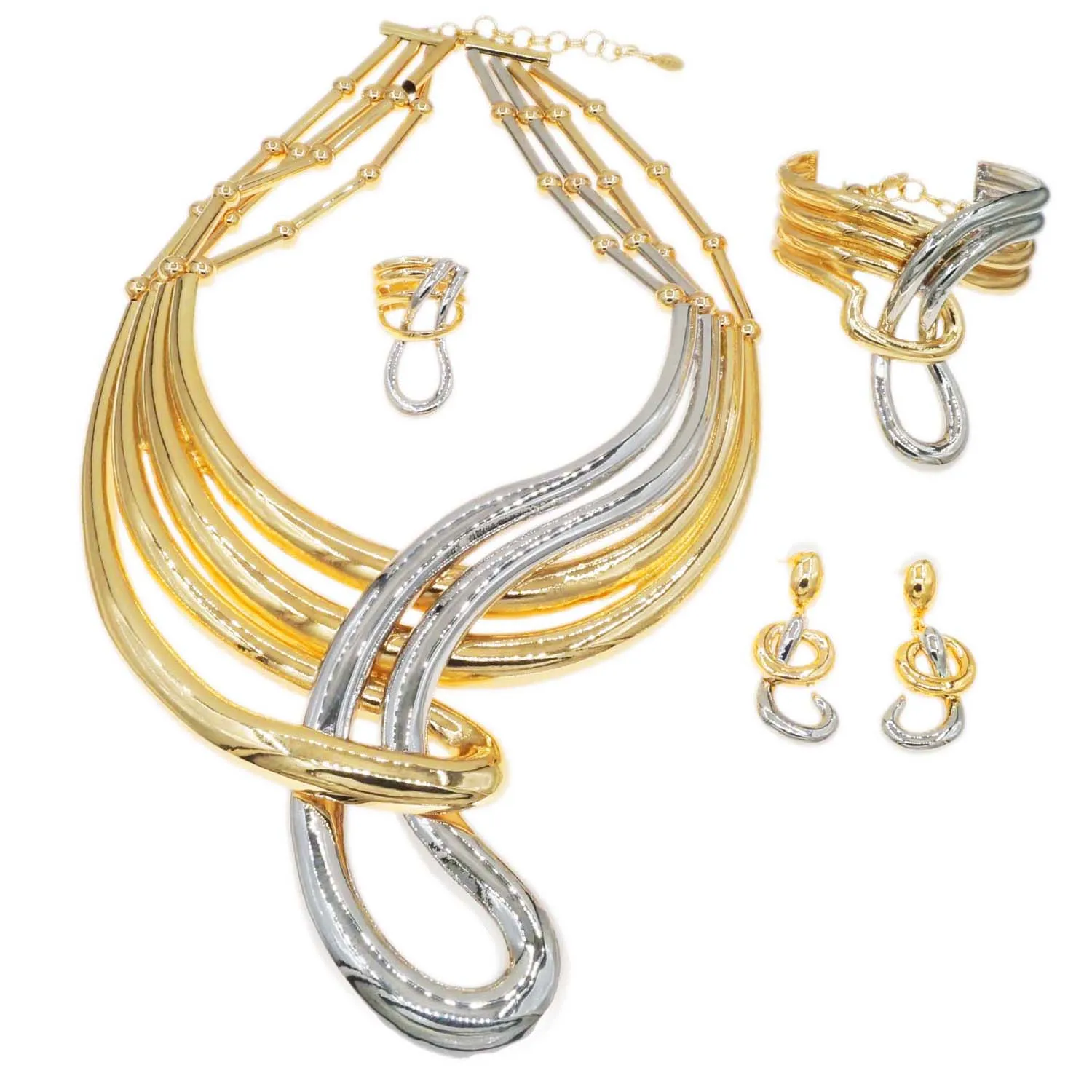 Luxury Women's Jewelry Set Gold Color Big Necklace Italian Gold Plated Silver Necklace Bracelet Wedding Party Jewelry Gift