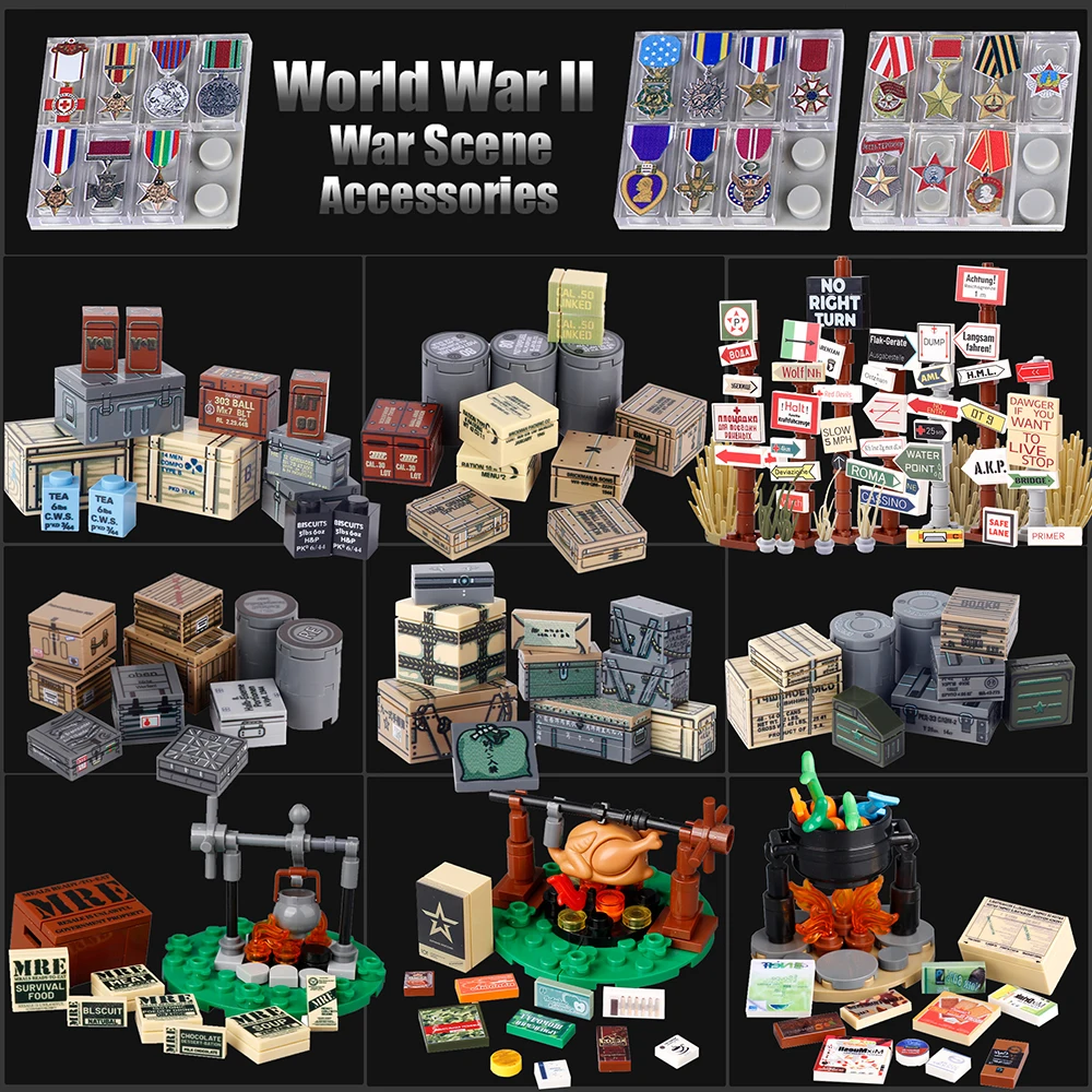 MOC WW2 War Goods Food Printed Building Blocks Kit Soldiers Figures Medals Accessories  Road Sign Bricks Toys Boys Gift