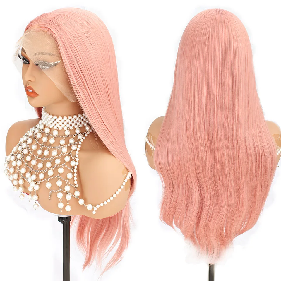 

Розовые 26 дюймов 13X4 прямые синтетические парики фронта шнурка прозрачные швейцарские парики шнурка прямые кружевные фронтальные парики 260 грамм парики для косплея