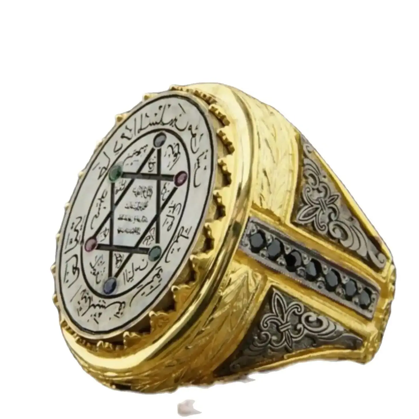 

Yellow Gold Plated Protection Talisman Ring with Solomon's Seal Design and Zircon Stones, Gift for Him, Father Gifts